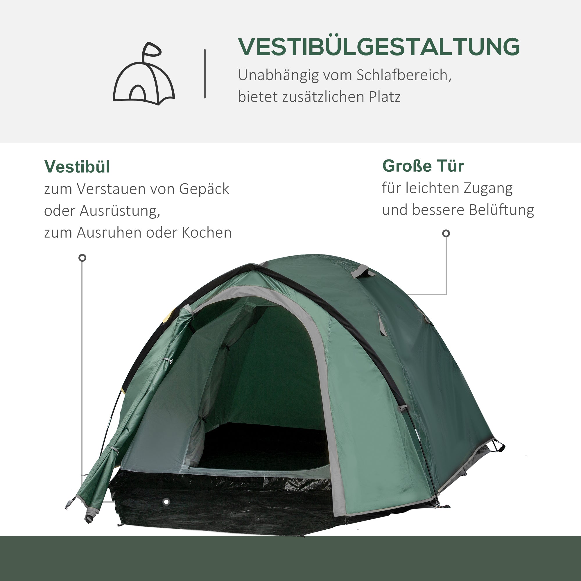 Outsunny 2-Personen-Campingzelt, Netzöffnungen, Lampenhaken, Tragetasche, Grau+Gelb