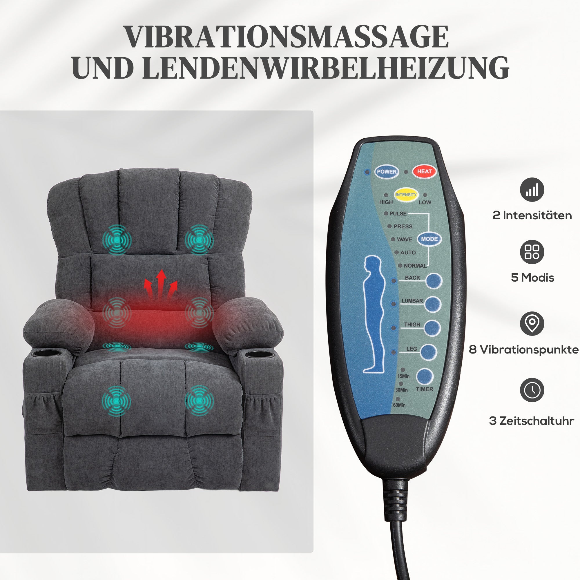 HOMCOM Elektrischer Power Lift Aufsteh-Sessel mit Massage- und Wärmefunktion, USB-Anschlüssen, Becherhaltern, Dunkelgrau