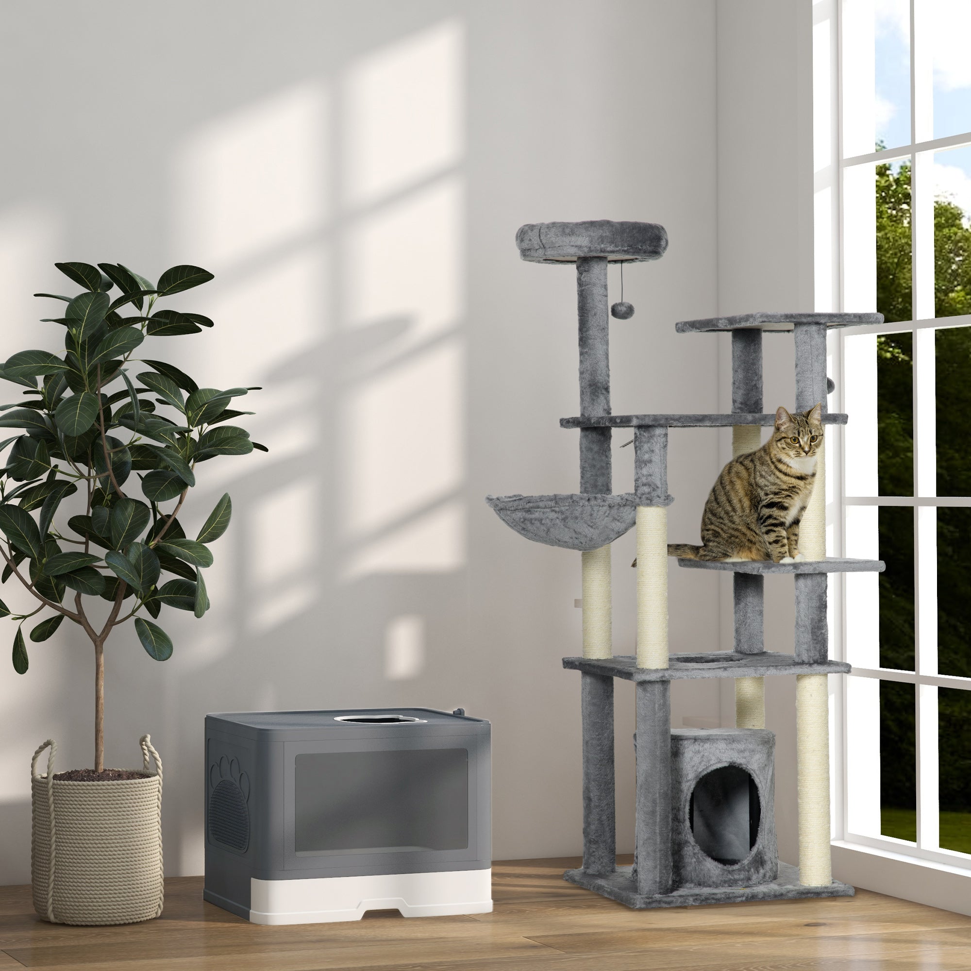 PawHut Katzentoilette Katzenklo Katzentoillete mit Abdeckung, 2 Ausgänge, 48,5 x 38 x 36,5 cm, Grau + Weiß