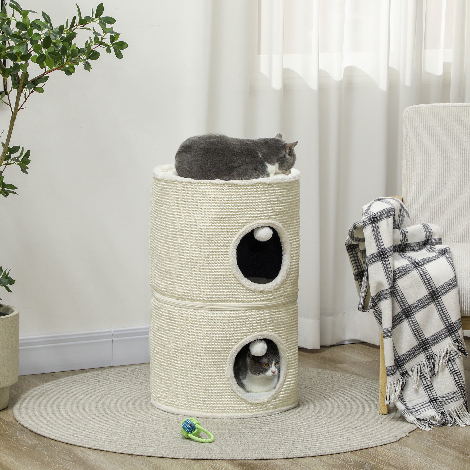 PawHut Kratztonne, 3 Ebenen, mit Kissen, Kratzmatte, Spielbällen, Katzenhaus für Innenbereich, Cremeweiß