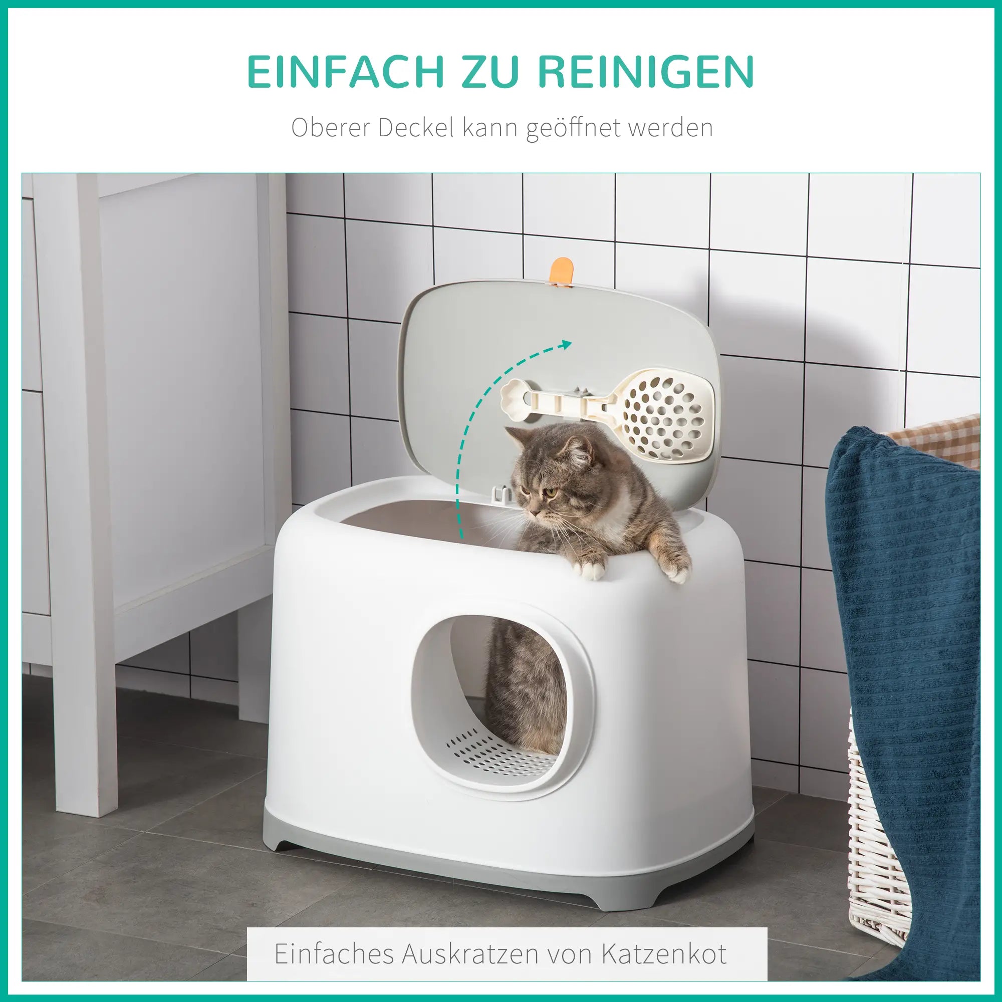 PawHut Katzenklo mit Deckel Katzentoilette mit Haube Schaufel Gitterboden XXL Katzentoilette für Katzen bis 5 kg 55 x 40 x 39 cm Weiß