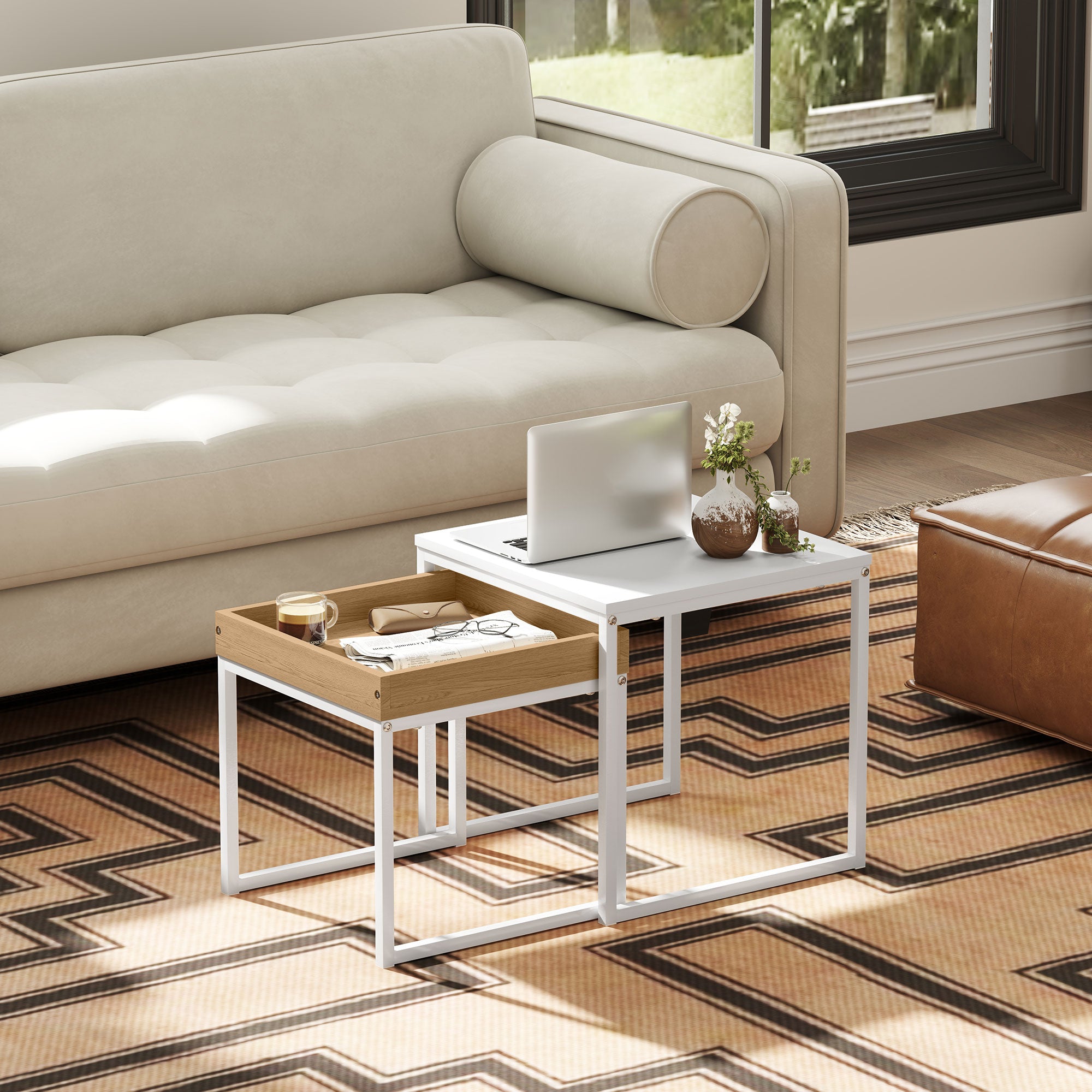 HOMCOM Moderner Couchtisch, 2er-Set Sofatisch, für kleine Räume, Quadratisch, MDF, Metall, Weiß