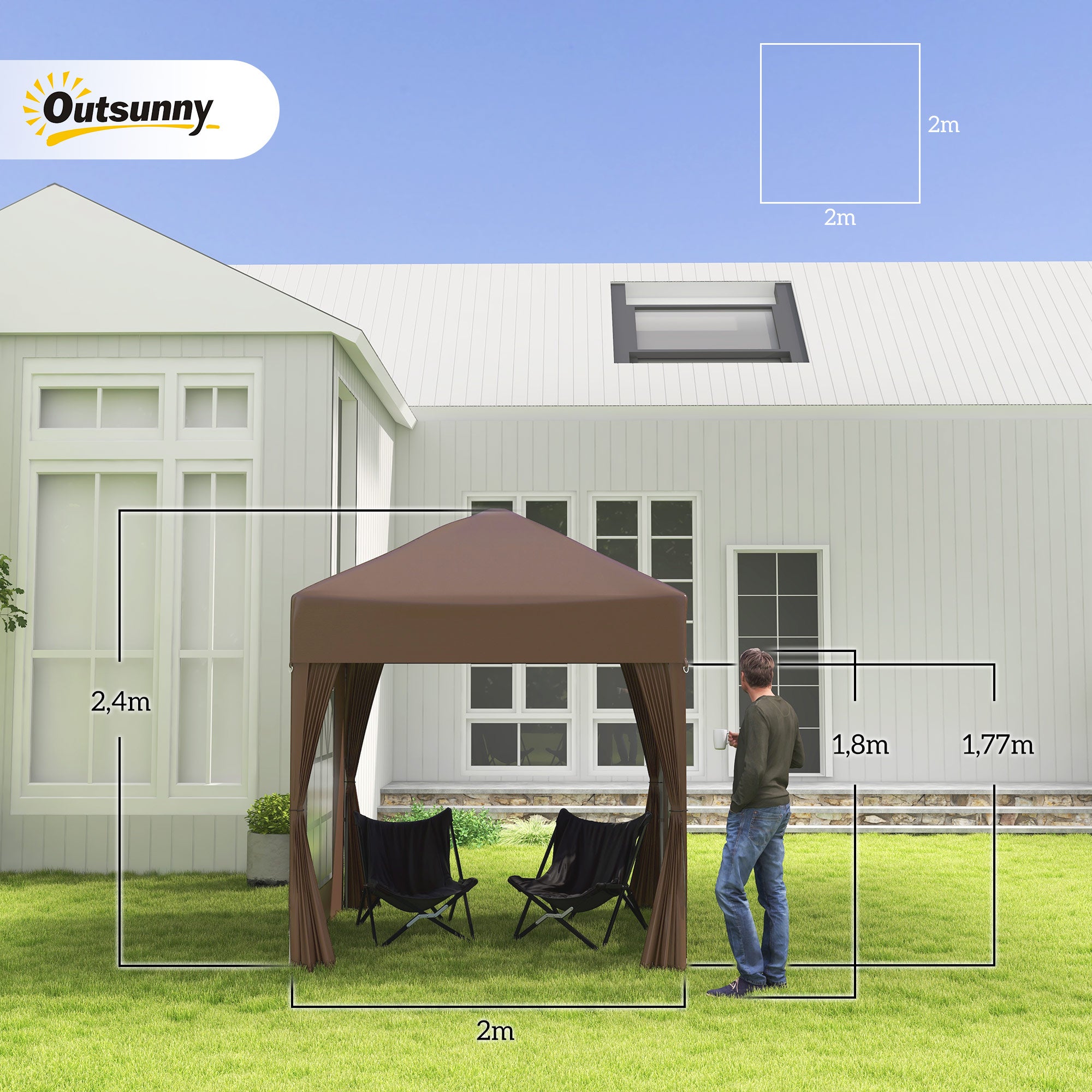 Outsunny Faltpavillon, Bierzelt, 4 abnehmbare Seitenwände, 2 Fenster, Metallrahmen, 2 x 2m, Braun
