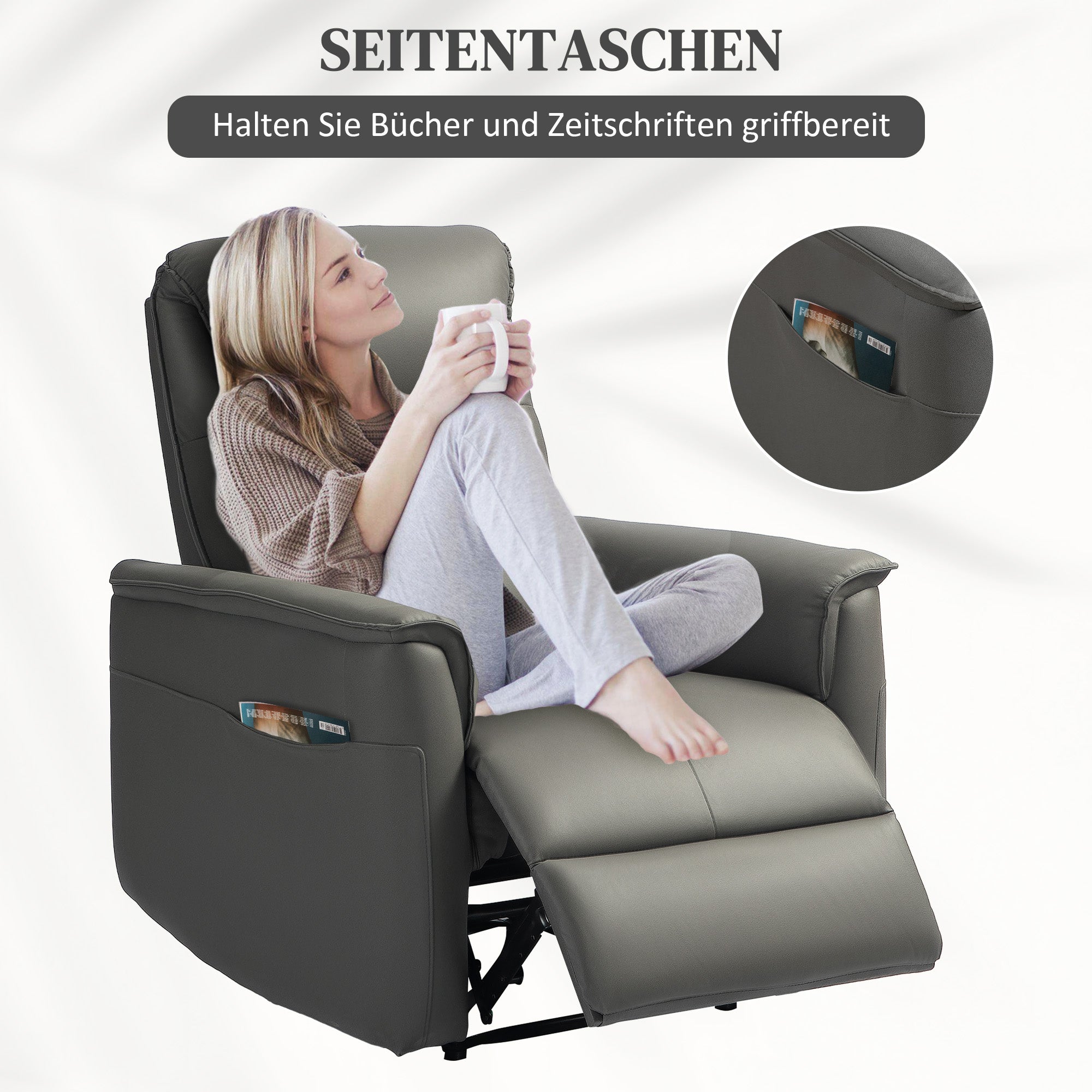 HOMCOM Liegesessel mit Taschenfederkernsitz und verstellbarer Fußstütze, Seitentaschen, für Wohnzimmer, Schlafzimmer, Hellgrau