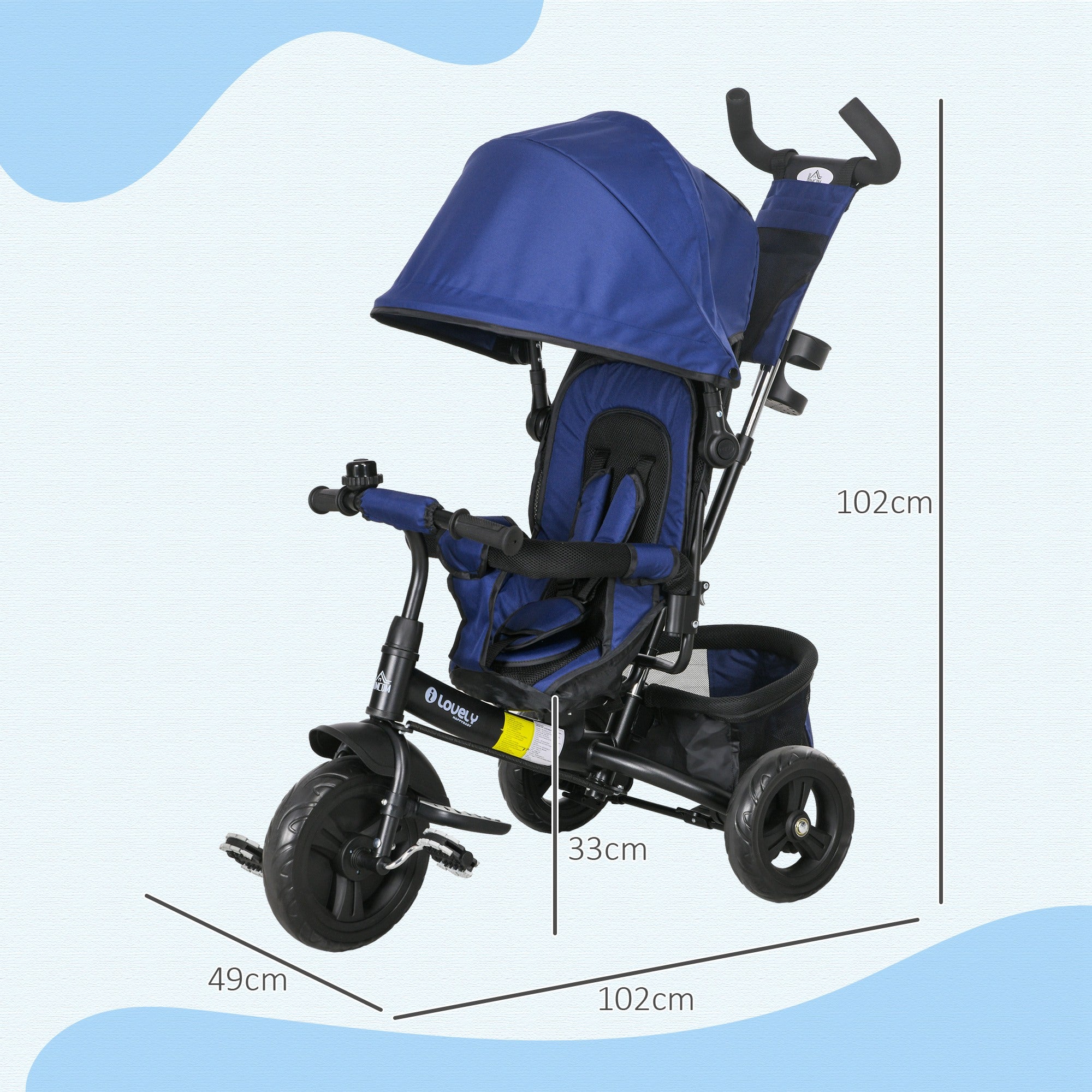 HOMCOM Kinder-Dreirad, Kinderfahrrad, Rückenkorb, Becherhalter, Sonnendach, Metall, Dunkelblau