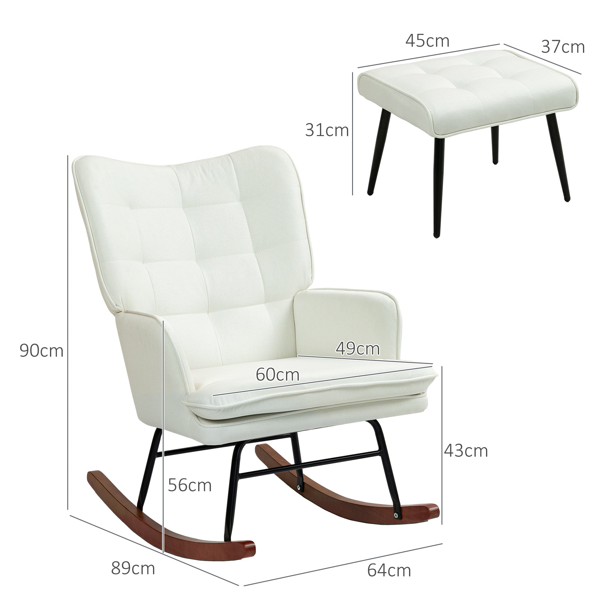 HOMCOM Schaukelstuhl mit Hocker, sanftes Schaukelsystem, Leinenimitat, 64 x 89 x 90 cm, Cremeweiß