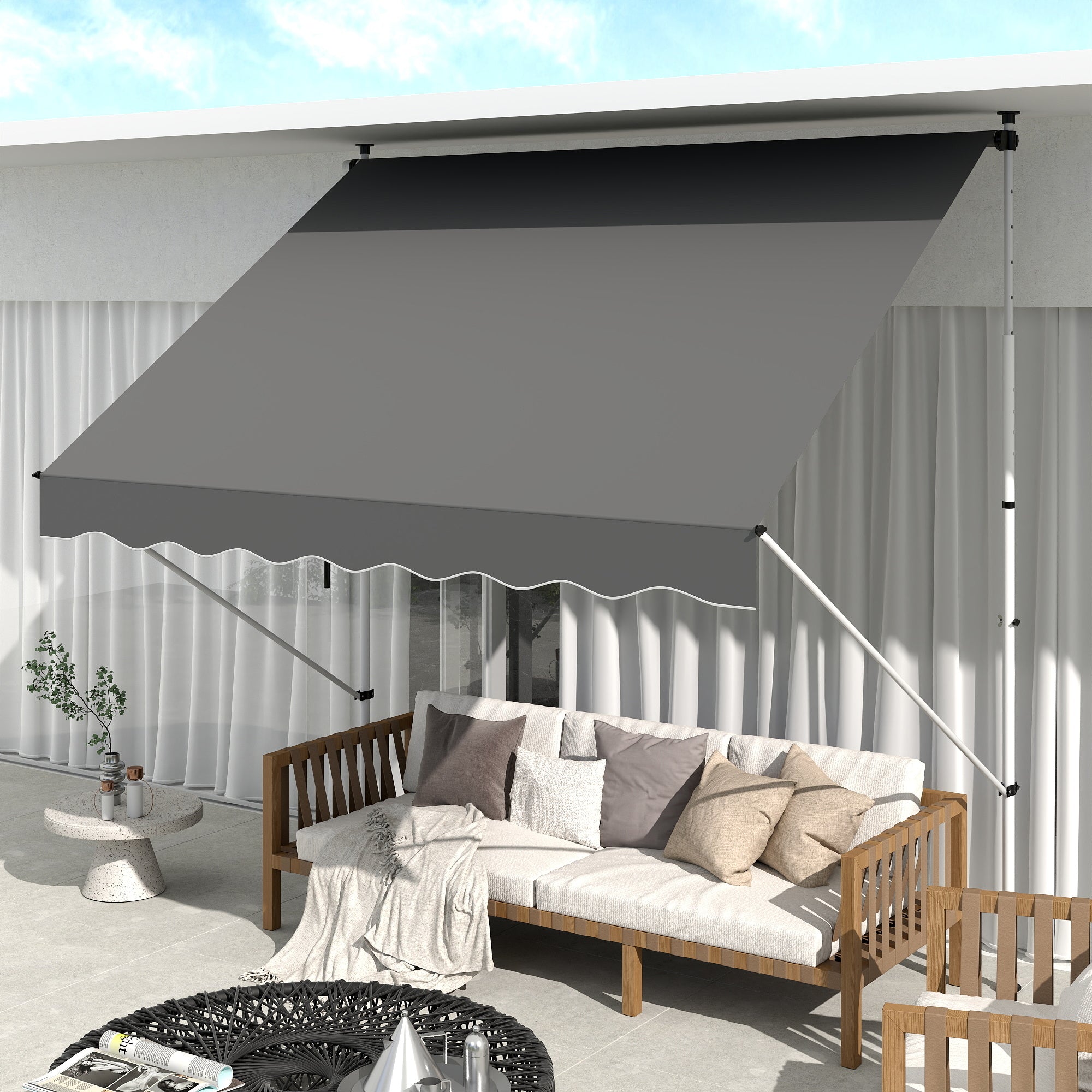 Outsunny Klemmmarkise mit Handkurbel höhenverstellbar Gelenkarmmarkise schmutzabweisend, witterungsbeständig Balkonmarkise 150cm breit Terrassenmarkise für Terrasse Balkon Veranda Grau