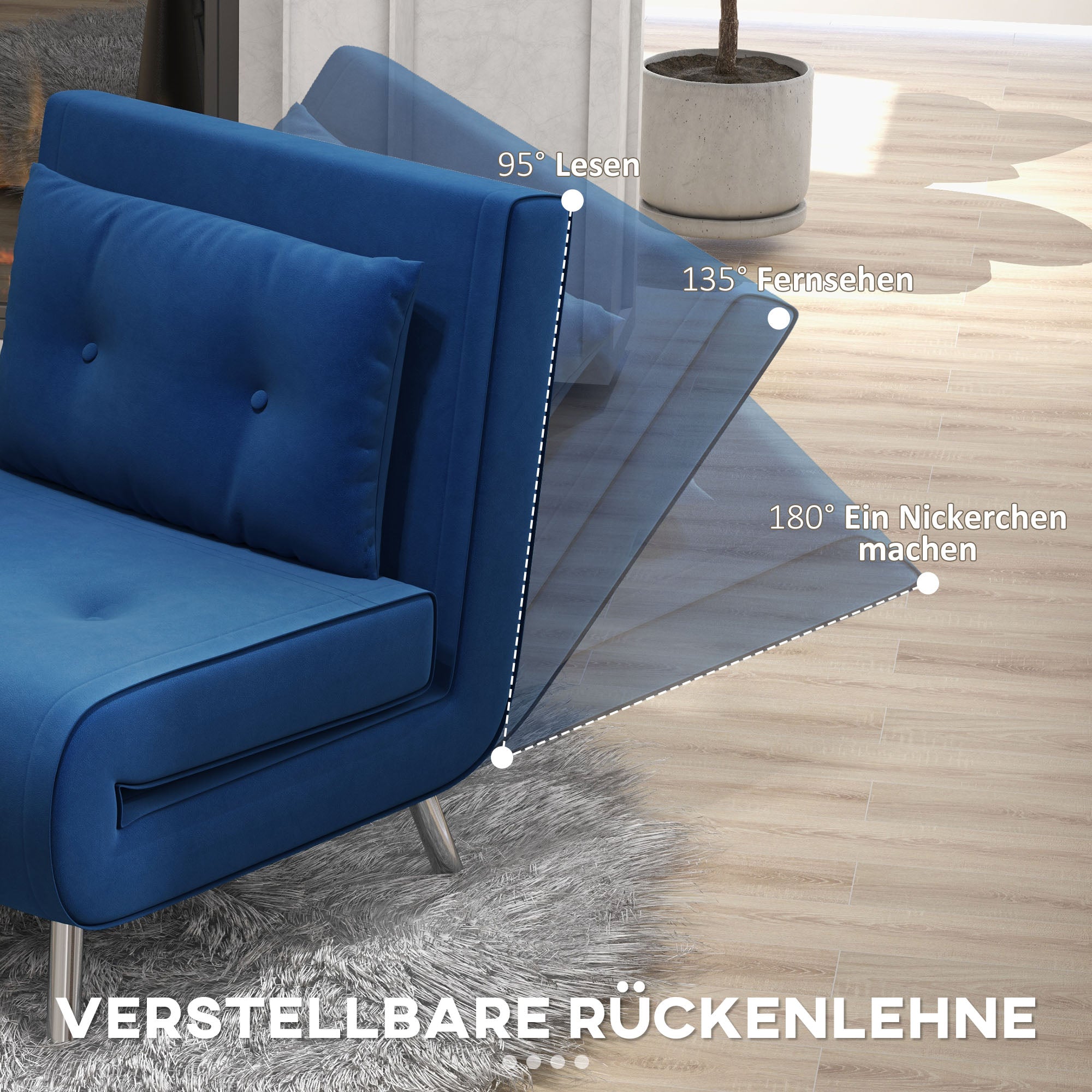 HOMCOM Liegesessel Sessel mit Liegefunktion Schlafsessel, Knopfheftung, Leinenoptik, 77 cm x 88 cm x 83 cm, Blau