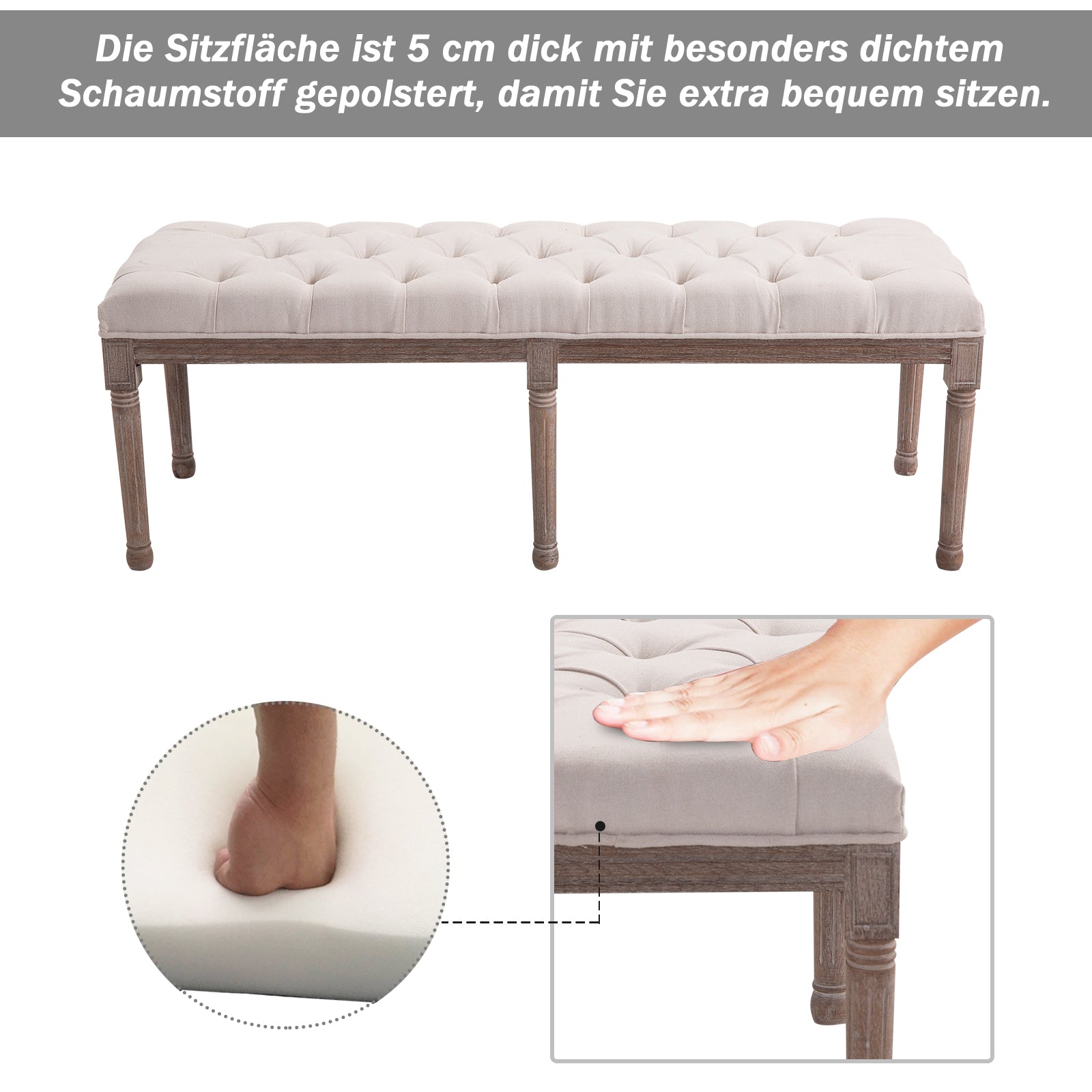 HOMCOM Polsterbank Sitzbank Lounge Sitzhocker Vintage Retro mit Knöpfen Leinen + Holz beige 142 x 47 x 51 cm