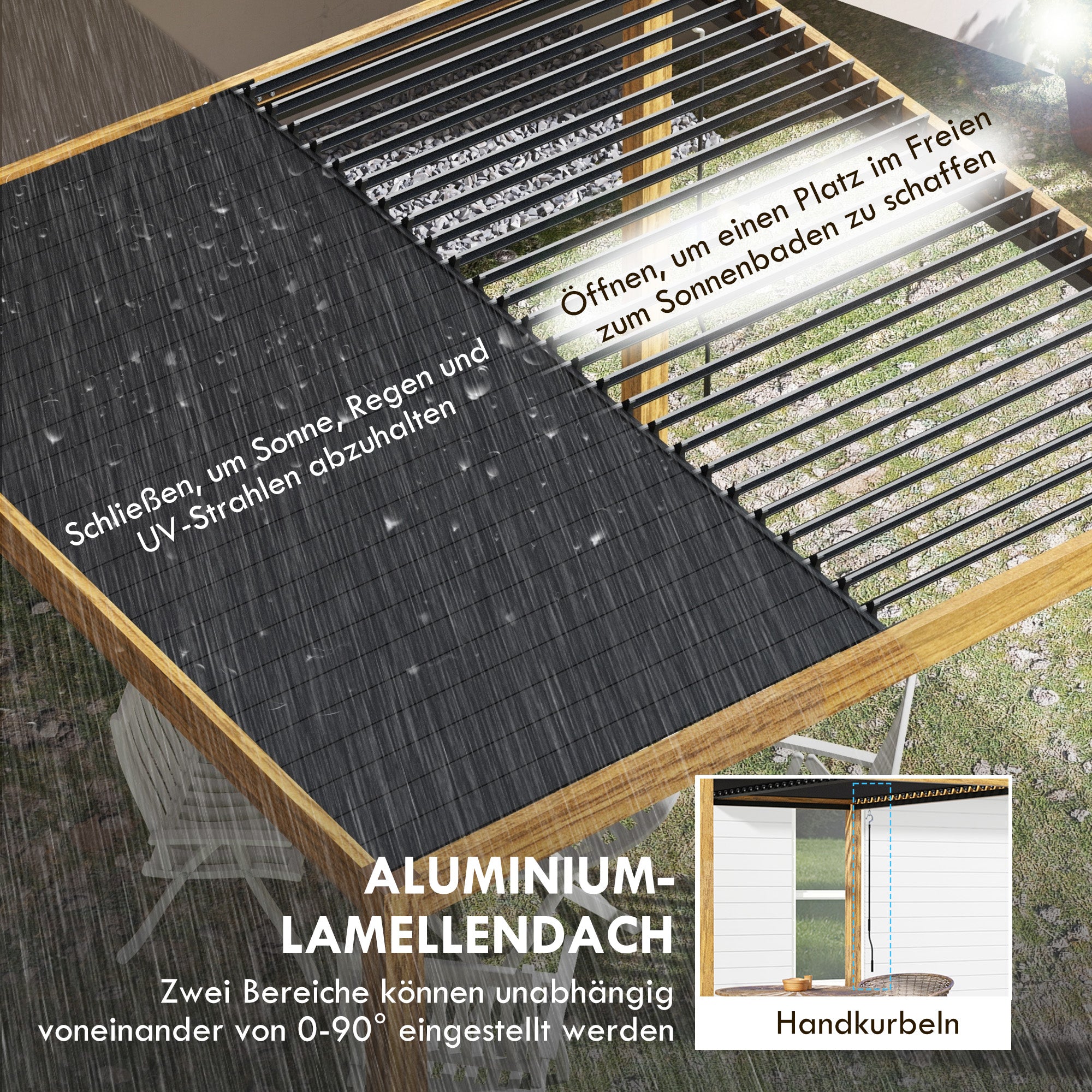Outsunny Pergola Gartenzelt, wetterbeständig, Handkurbel, Aluminium, 3x3m, Schwarz/Natur