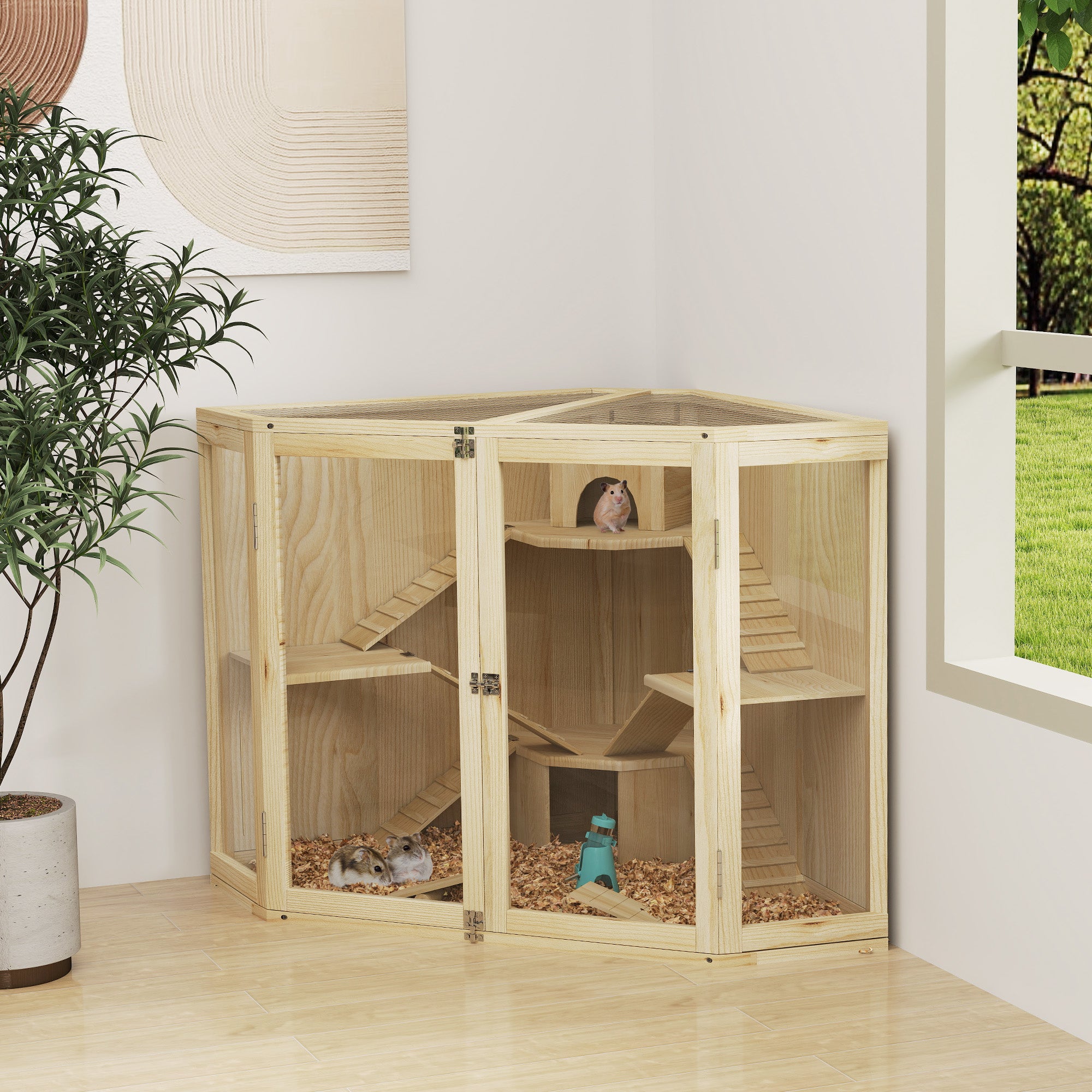 PawHut Hamsterkäfig Holz 4 Ebenen mit Zubehör und Sichtfenster