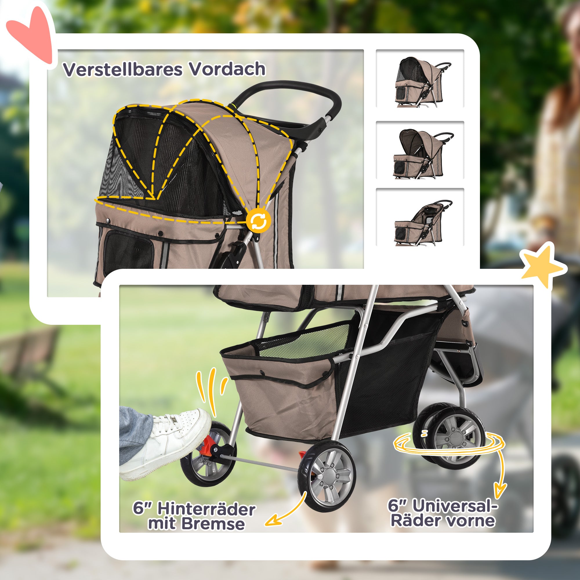 PawHut Hundebuggy Hundewagen bis 10 kg Klappbar Bodenkorb 2 Becherhalter verstellbares Vordach Kaffeebraun