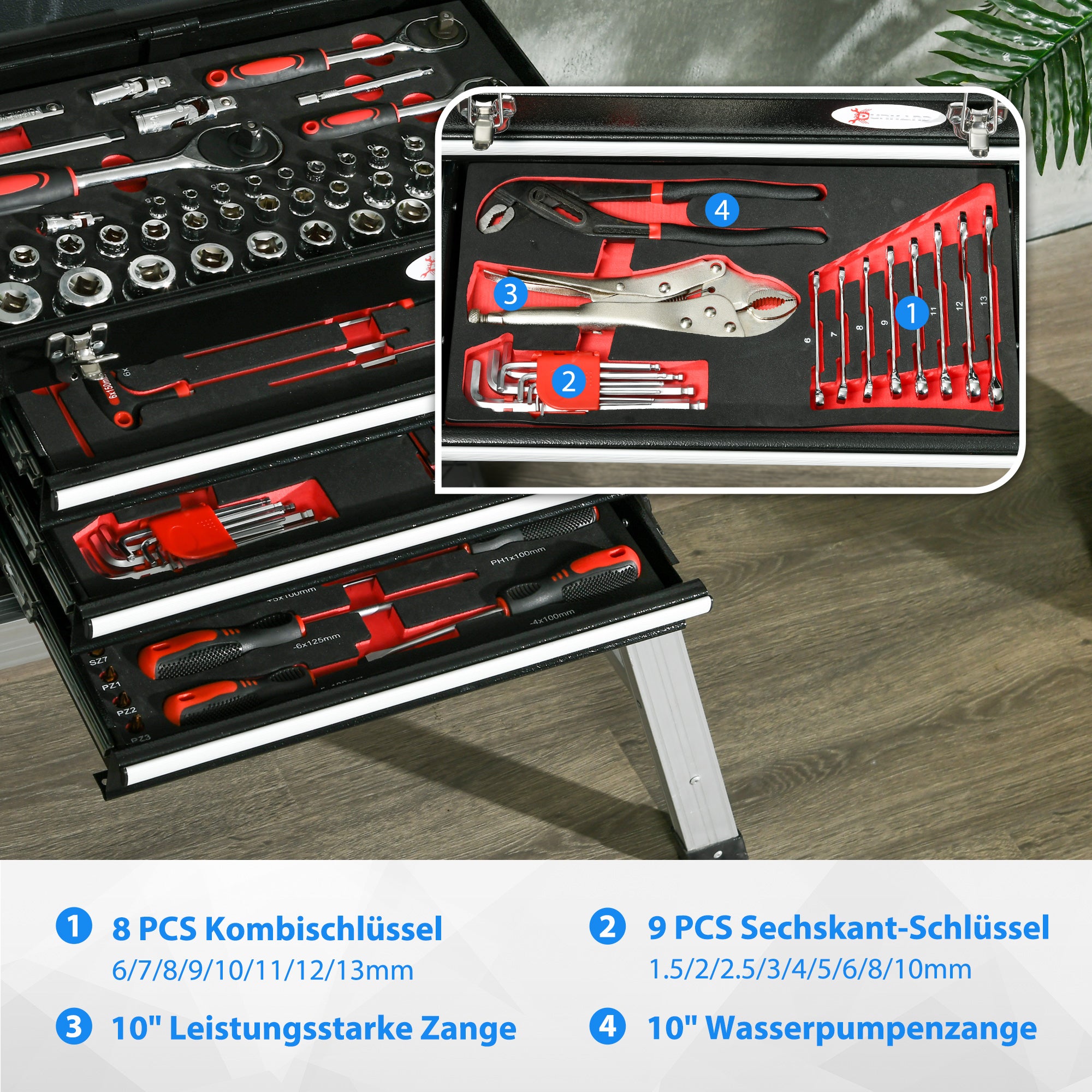 DURHAND Werkzeugkiste mit 116-teiligem Werkzeugset, mobil, verschließbar, Stahlgehäuse, 45 x 24 x 27 cm, Schwarz