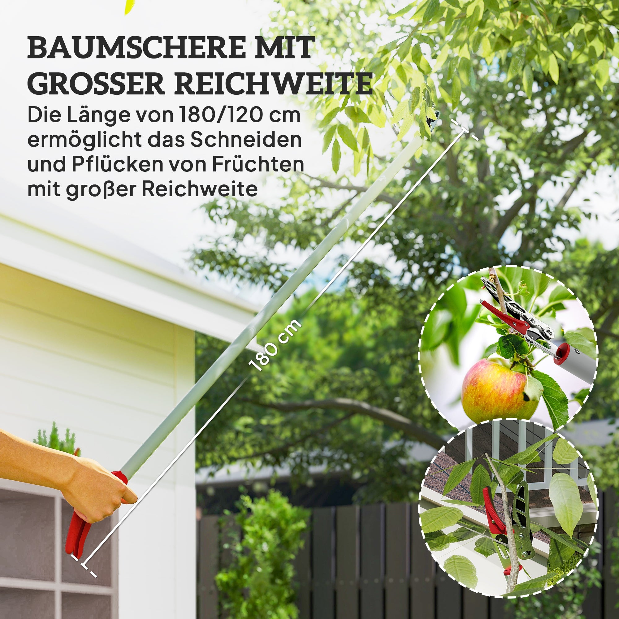 Outsunny 1,8 m Baumschere, Astscheren zum Schneiden, Gartenschneider mit Aluminiumgriff, Langstielige Gartenschere, Rot