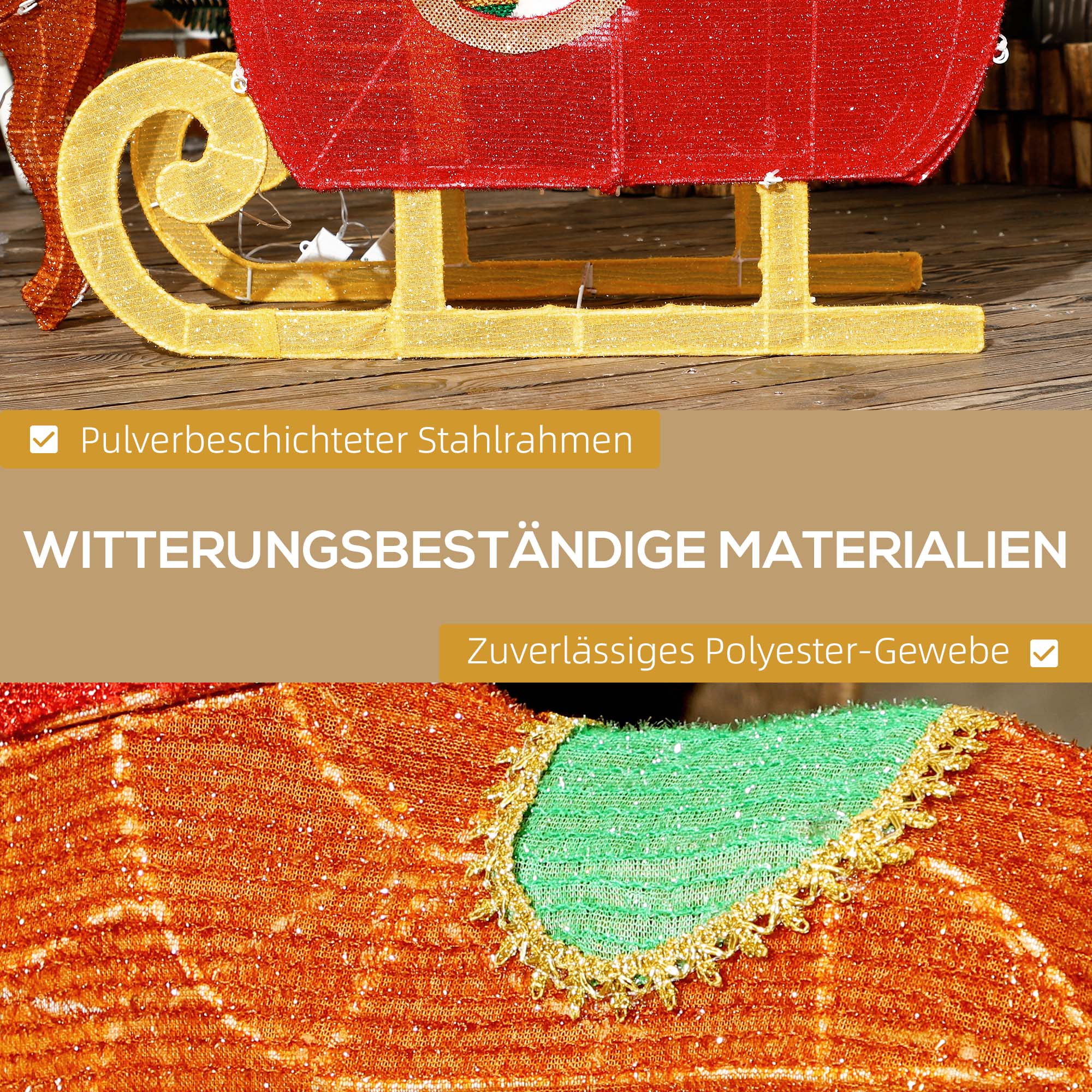 Outsunny Leuchtende Weihnachts-Dekoration, Weihnachtsmann auf Schlitten mit Rentieren, 246 LED-Lichter, Bodenspieße, Mehrfarbig