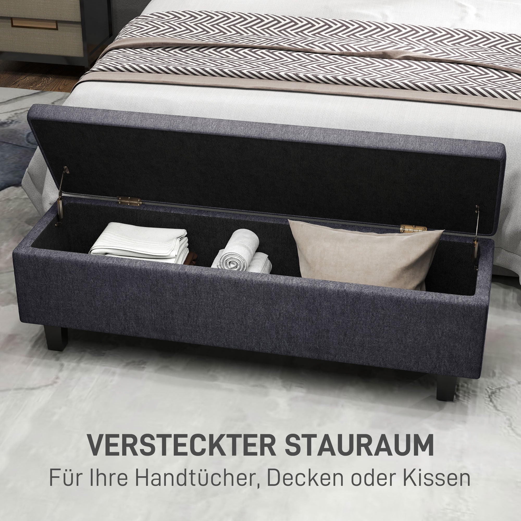 HOMCOM Stauraum-Polsterbank in Leinenoptik, mit Kautschukholzbeinen, für Wohnzimmer, Schlafzimmer, Flur, Dunkelgrau