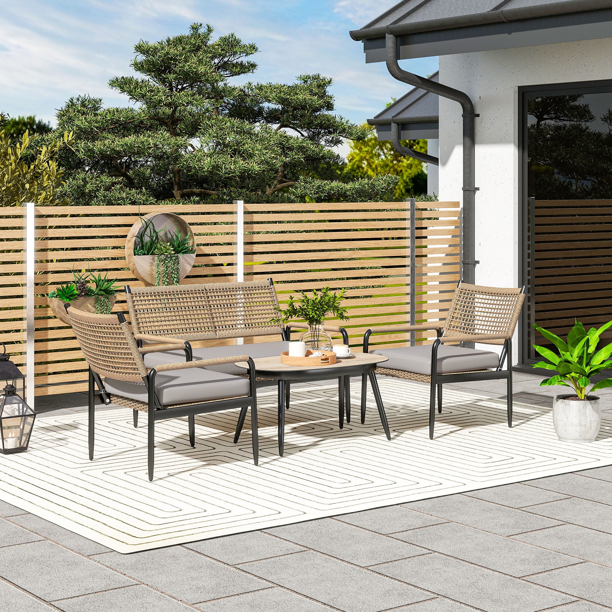 Outsunny Gartenmöbel Set aus Polyrattan Lounge-Set mit 2er Sofa Sessel Glastisch Kissen für 4 Personen Dunkelgrau+Gelb