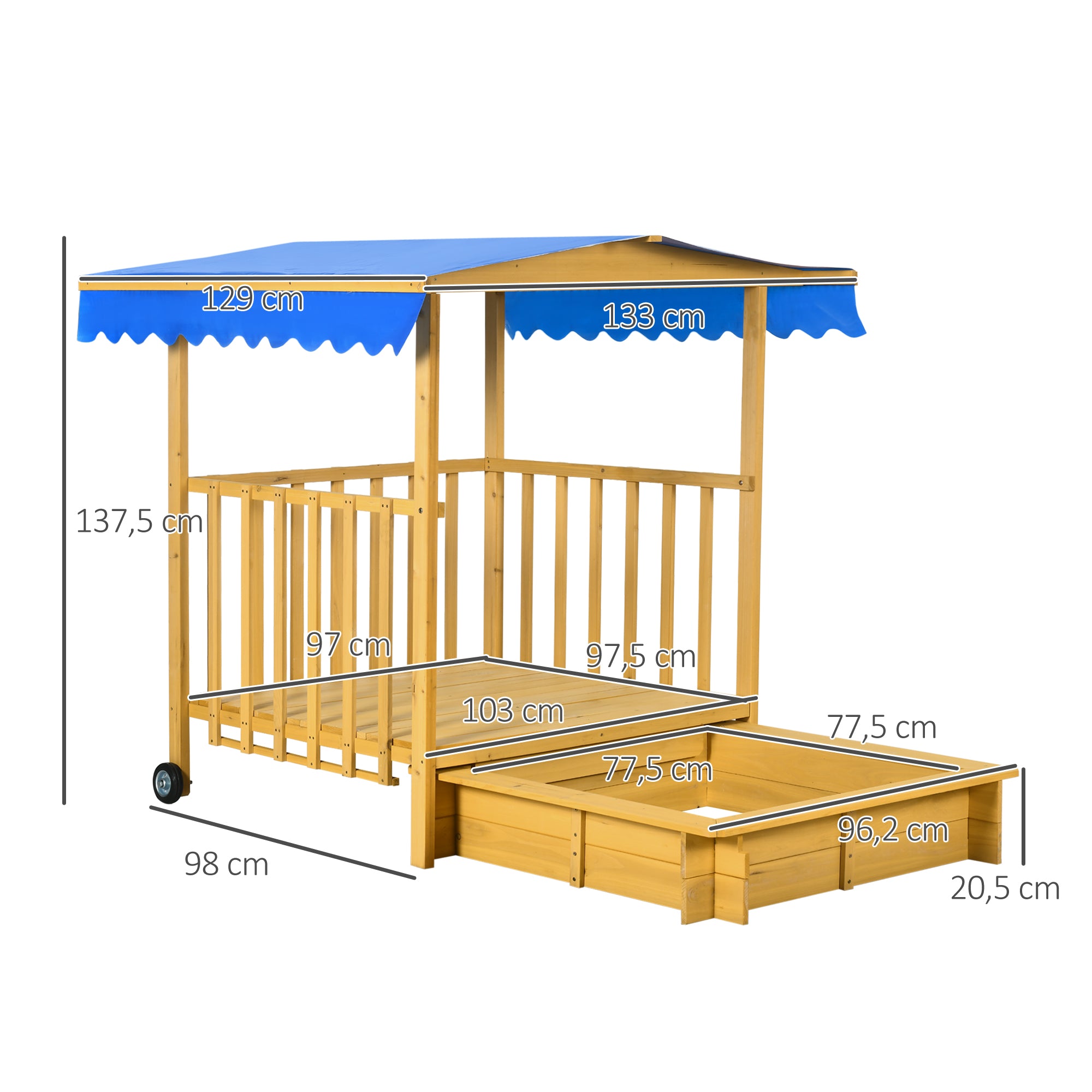 Outsunny Sandkasten Sandkasten mit Spielhaus Sandkasten mit Dach, 133 x 129 x 137, 5 cm, Natur + Blau