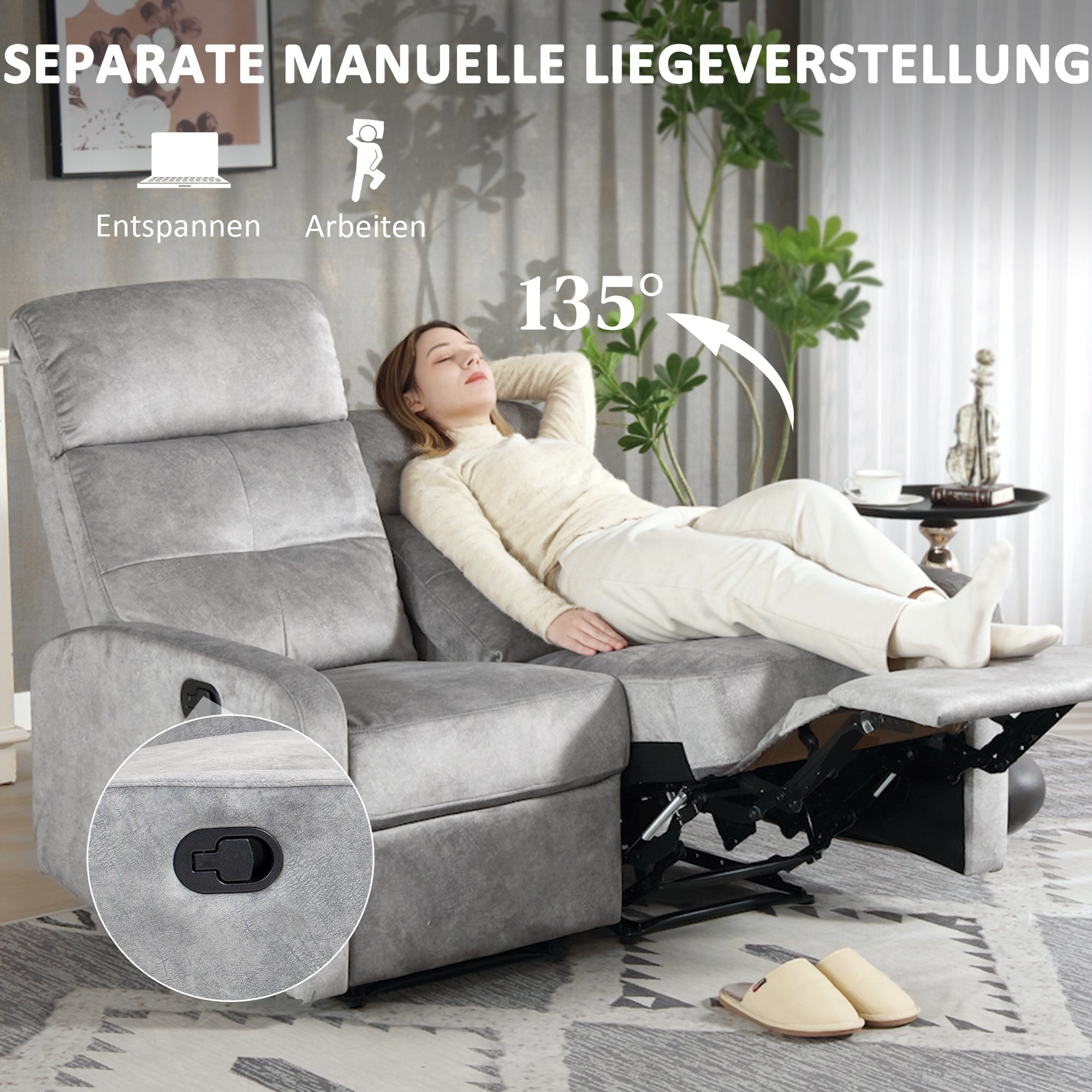 HOMCOM Doppelsitz-Sessel, Relaxsessel mit verstellbarer Doppellehne und Fußablage, für Wohnzimmer, Stoffbezug, Grau