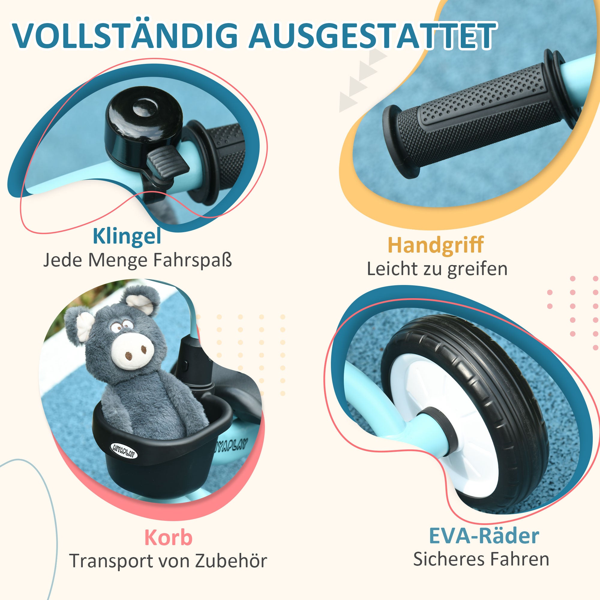 AIYAPLAY Dreirad für Kinder 2-5 Jahre, höhenverstellbarer Sitz, Klingel, Fahrradkorb, Metallrahmen, blau