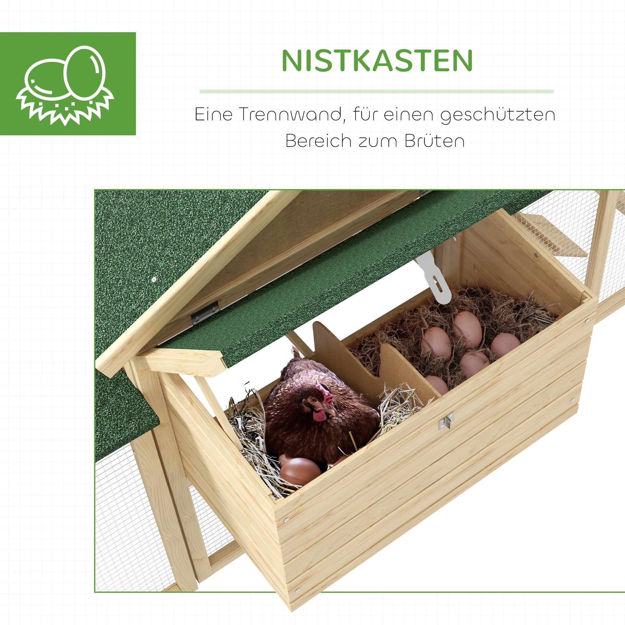 PawHut Hühnerstall mit Freigehege, inkl. Nistkasten, Rampe und Bodenwanne Tannenholz Naturholz