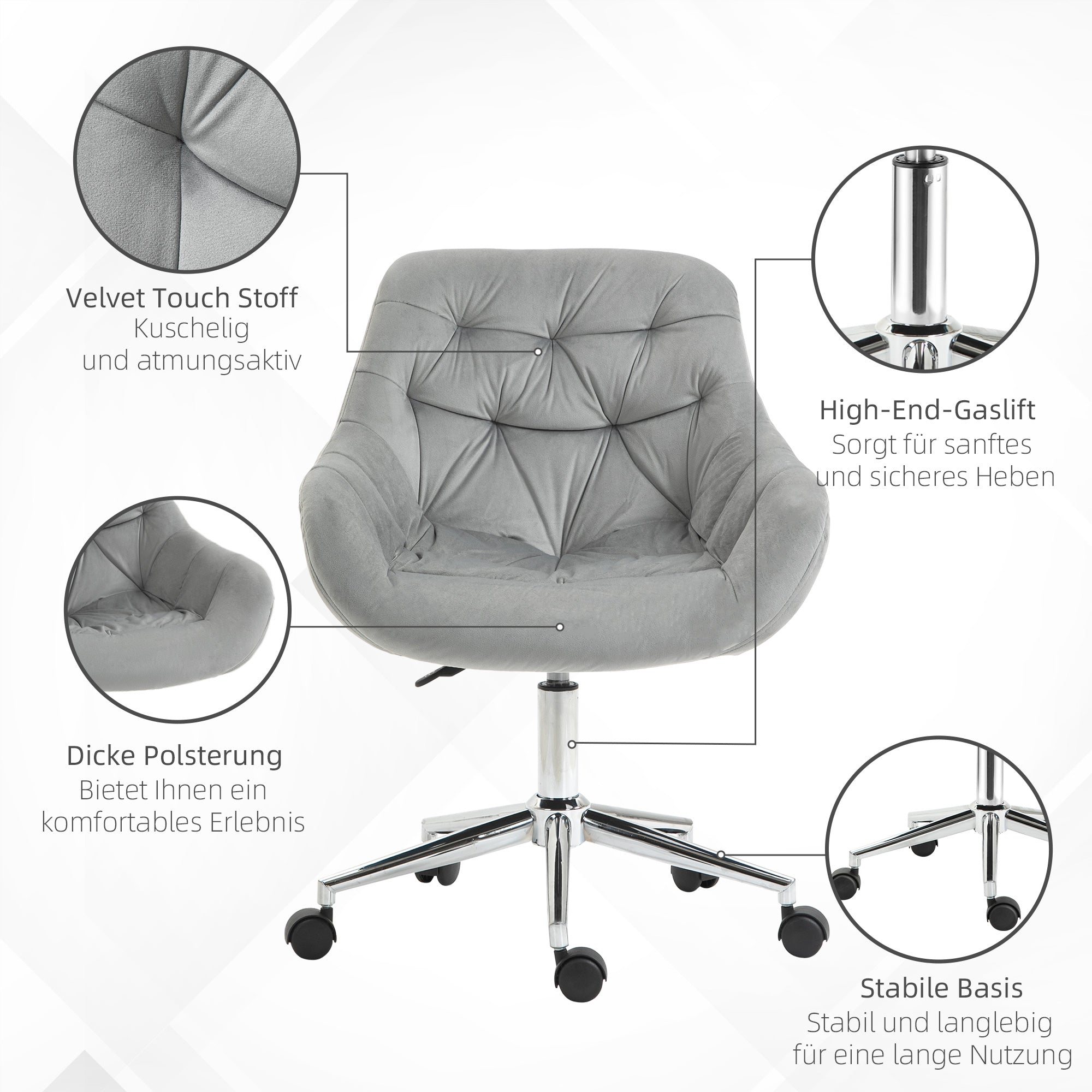 Vinsetto Bürostuhl Chefsessel Drehstuhl Computerstuhl Sitzhöhenverstellung für jüngere Benutzer und Kleines zum Lernen und Spielen Polyester Schaumstoff Metall Nylon Grau 59 x 58 x 80-90 cm