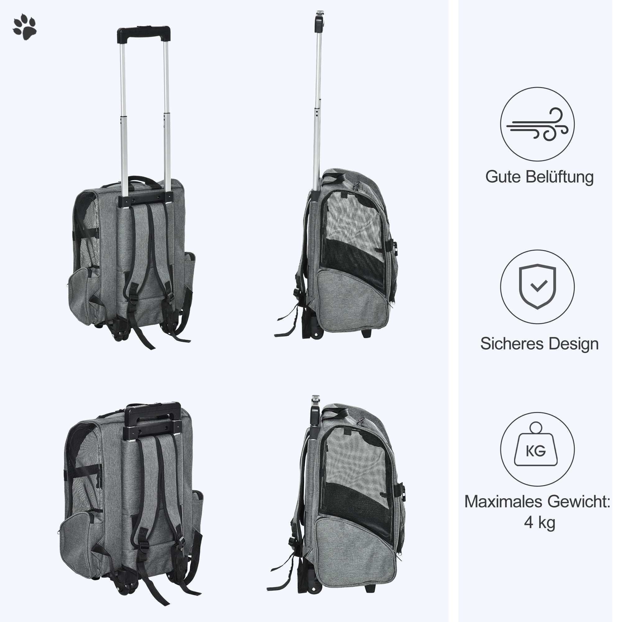 Pawhut Hundetransporttasche, Haustierrucksack, 2-in-1-Design, ausziehbarer Griff, Seitentaschen, Grau, 42 x 25 x 55cm