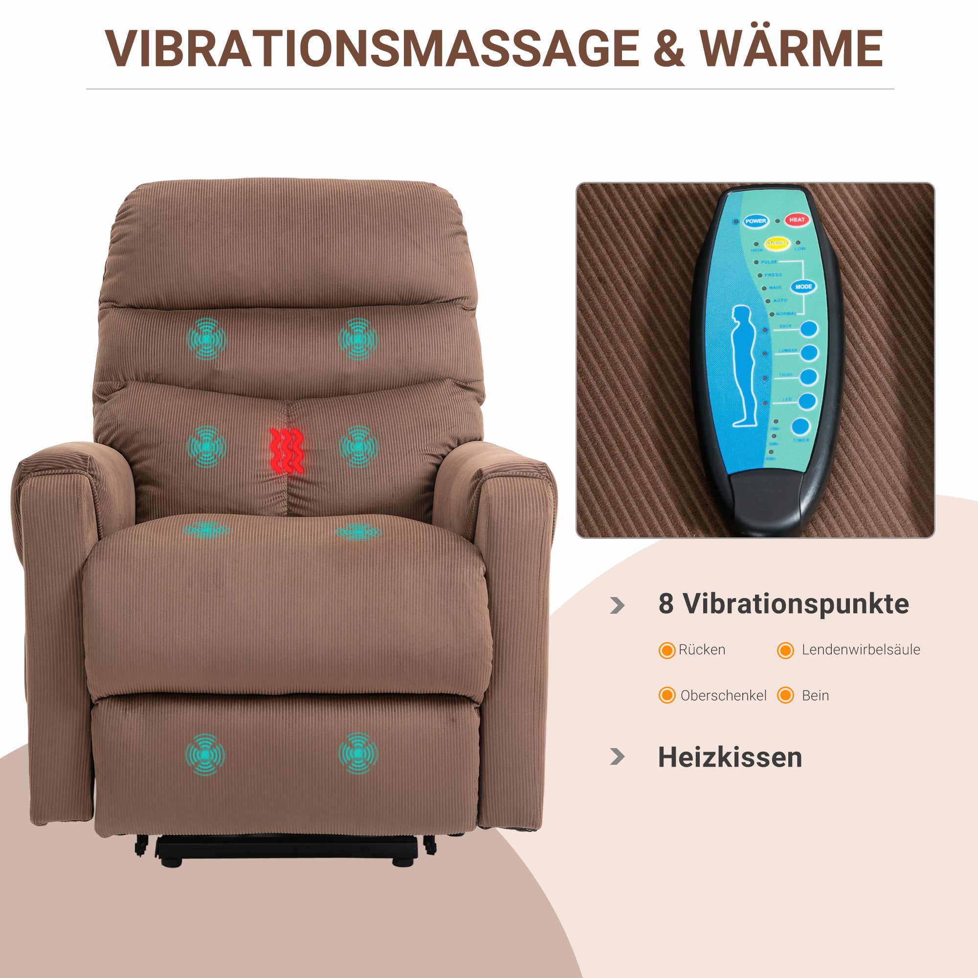 HOMCOM Fernsehsessel mit Aufstehhilfe Elektrisch, Massagesessel mit Liegefunktion und Wärmefunktion, Relaxsessel mit Fernbedienung und Seitentasche Verstellbar Polyester-Gewebe Braun