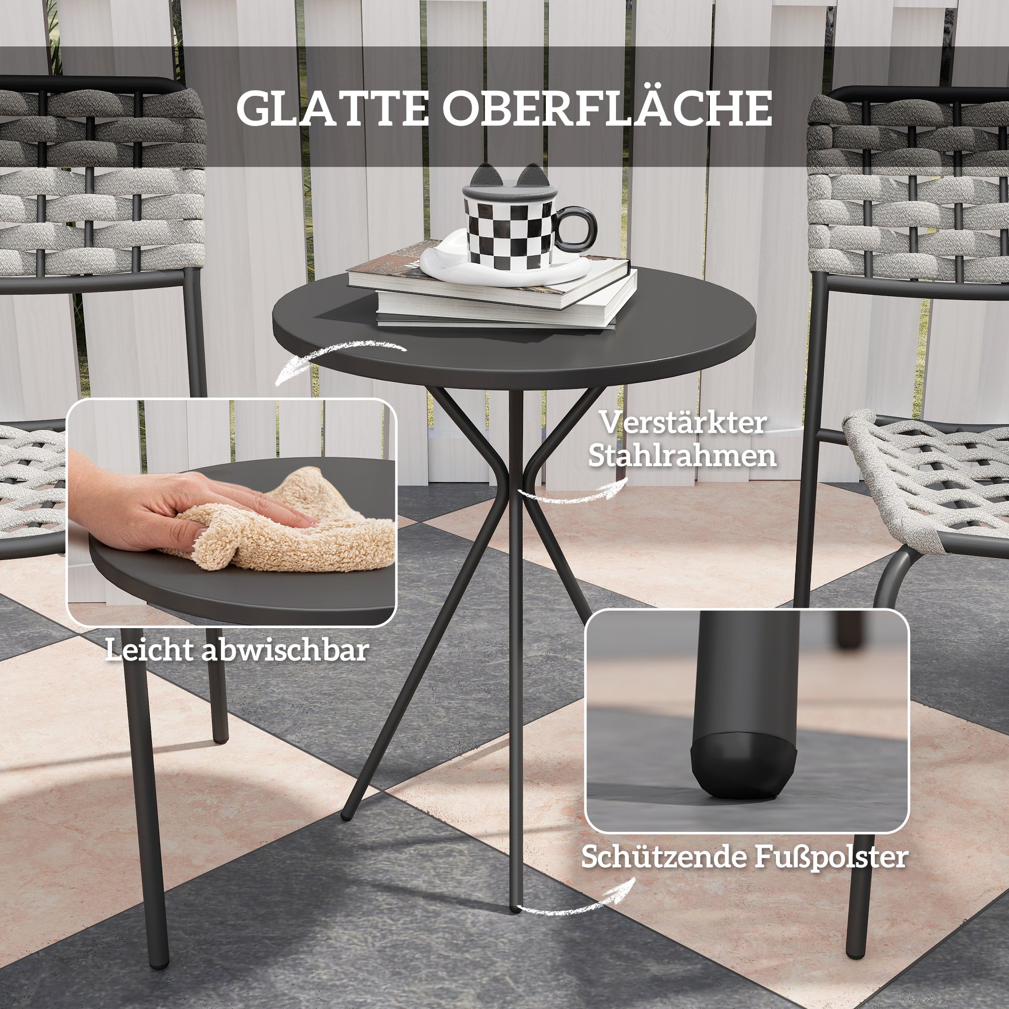 Outsunny Polyrattan Gartenmöbel Set, Outdoor Lounge Balkonmöbel für 2 Personen, 3-teilig 2 Stühle, Tisch Grau