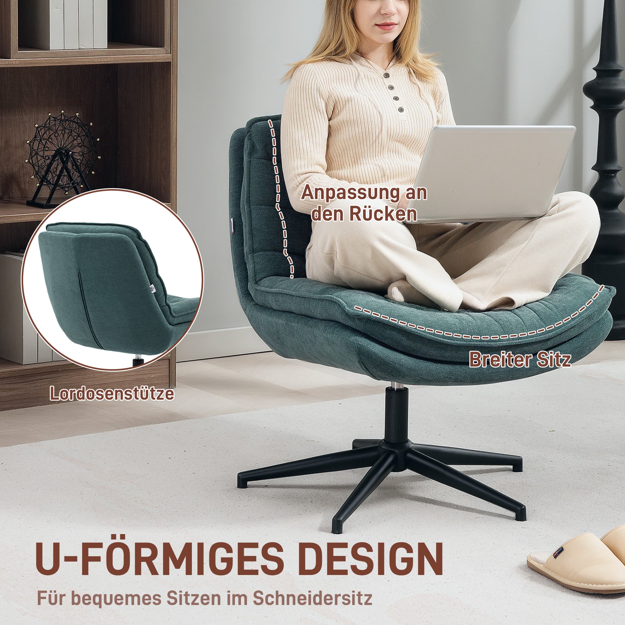 HOMCOM Drehbarer Bürostuhl mit breitem Sitz, Geräumiger Polsterstuhl fürs Büro, Arbeitszimmer, Dunkelgrün