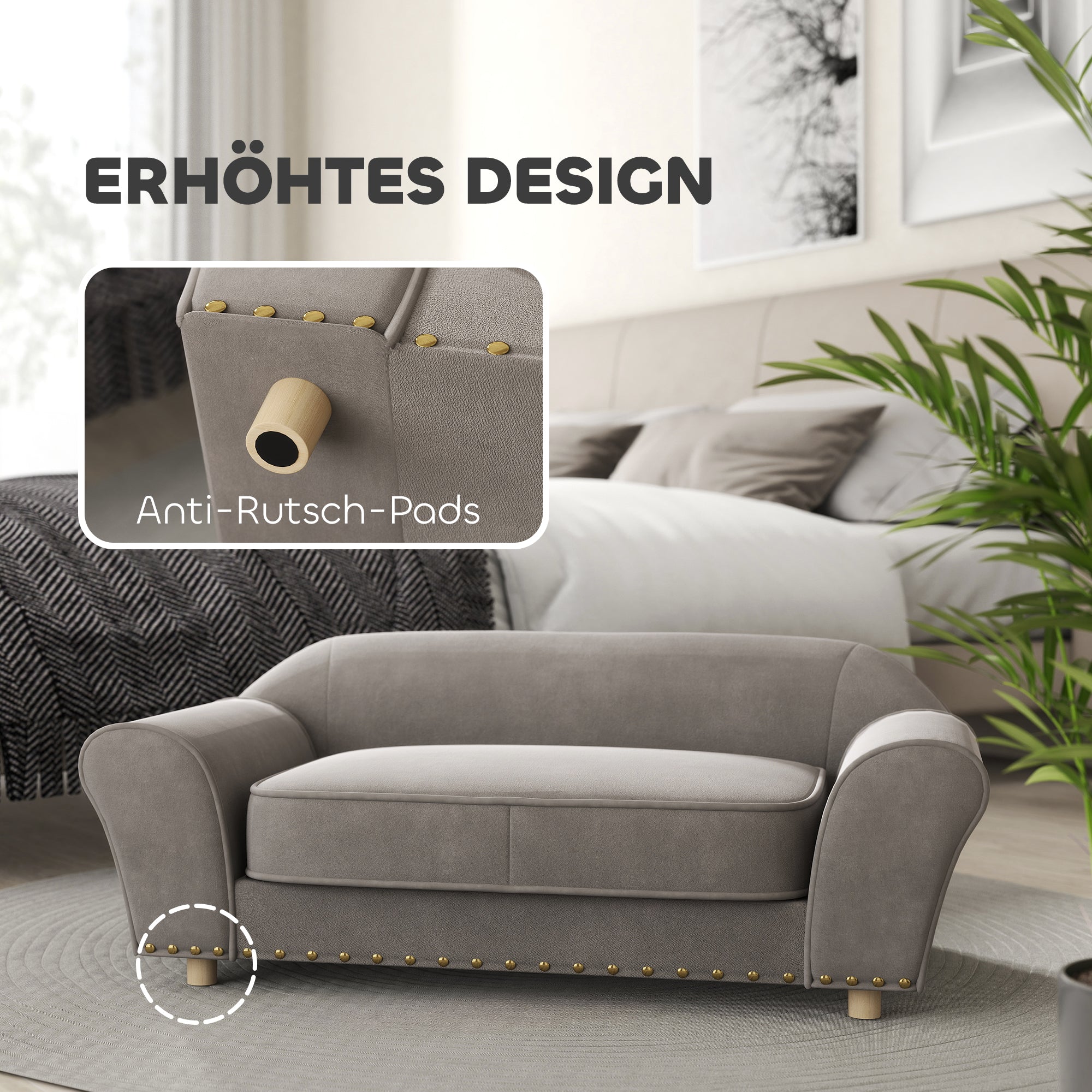 PawHut Hundesofa, Hundebett mit Nieten, dickes Kissen, abnehmbarer Bezug, rutschfeste Füße, 86,5x52,5x33 cm, Grau