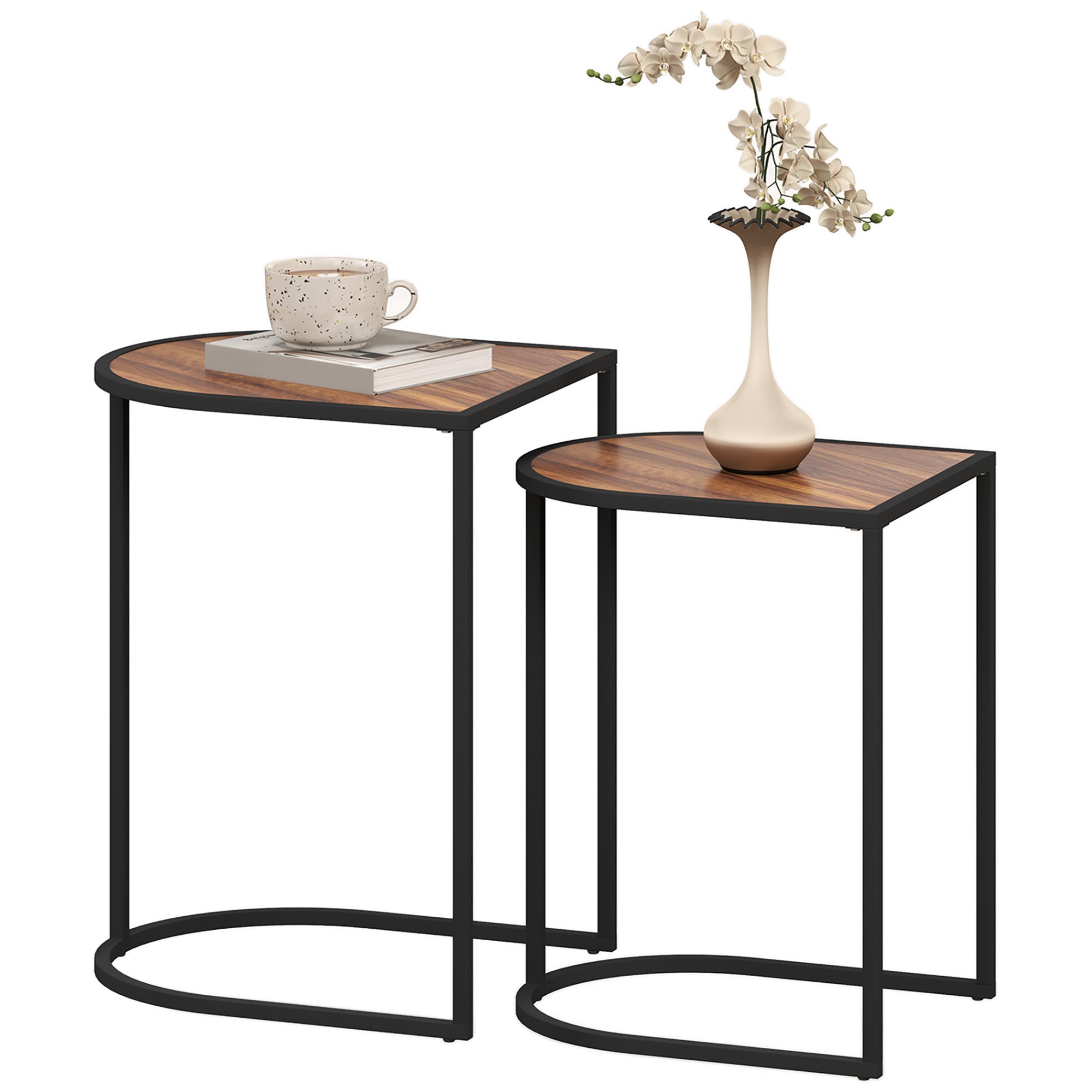 HOMCOM Satztisch-Set, Beistelltische, Metallrahmen, Tischplatte in Holzoptik, Braun