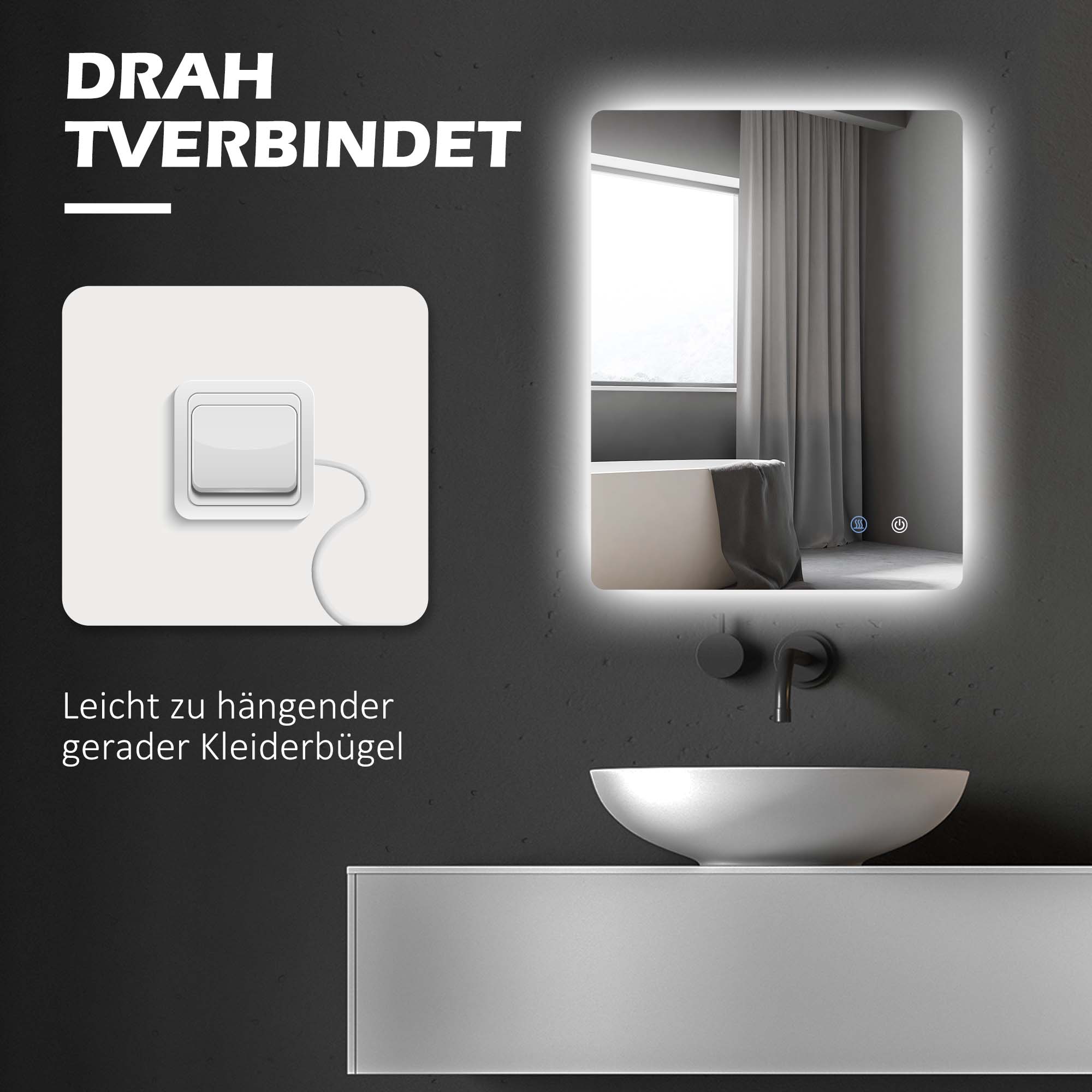 kleankin LED-Badezimmerspiegel, Antibeschlag, Touch-Schalter, Hintergrundbeleuchtung, 70 x 50 cm, Weiß