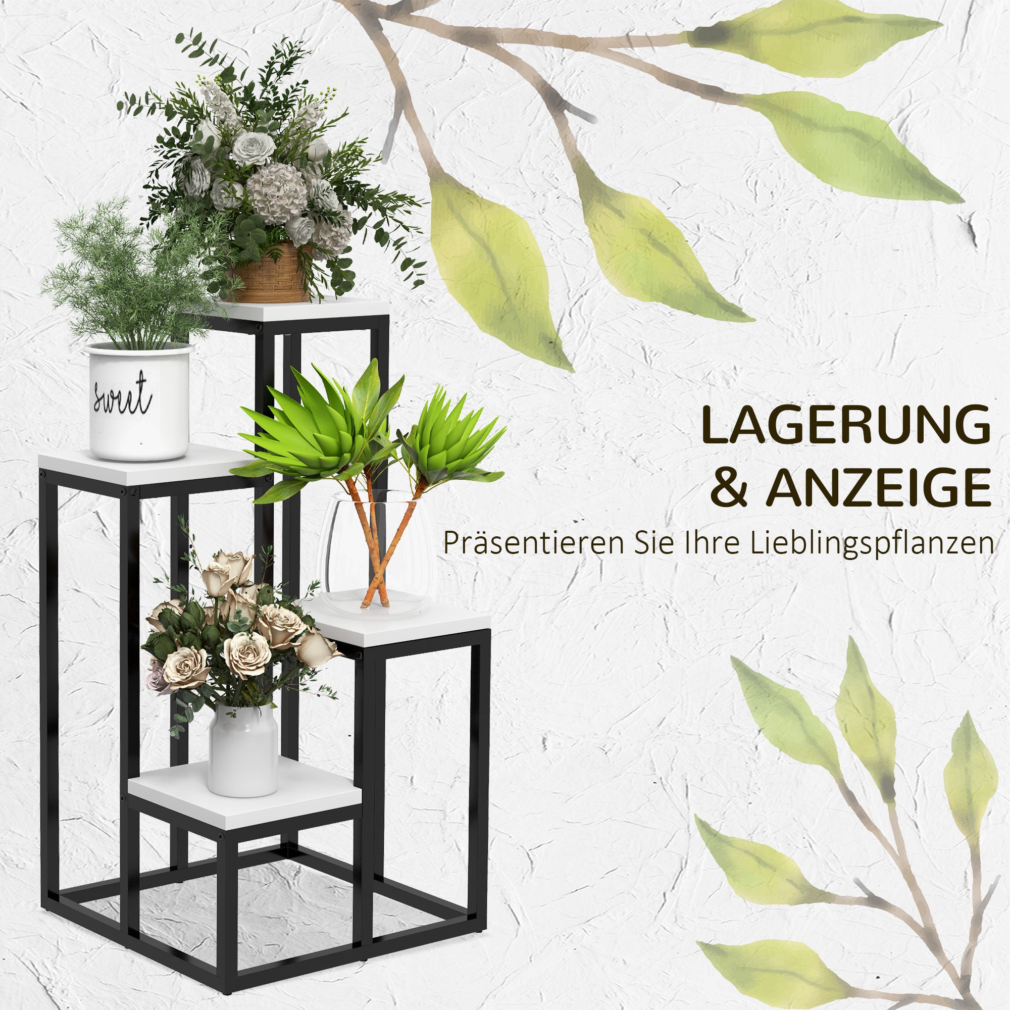 Outsunny Blumenregal, 4 Etagen, Indoor & Outdoor, Metallrahmen, 34L x 34B x 70H cm, Schwarz+Weiß