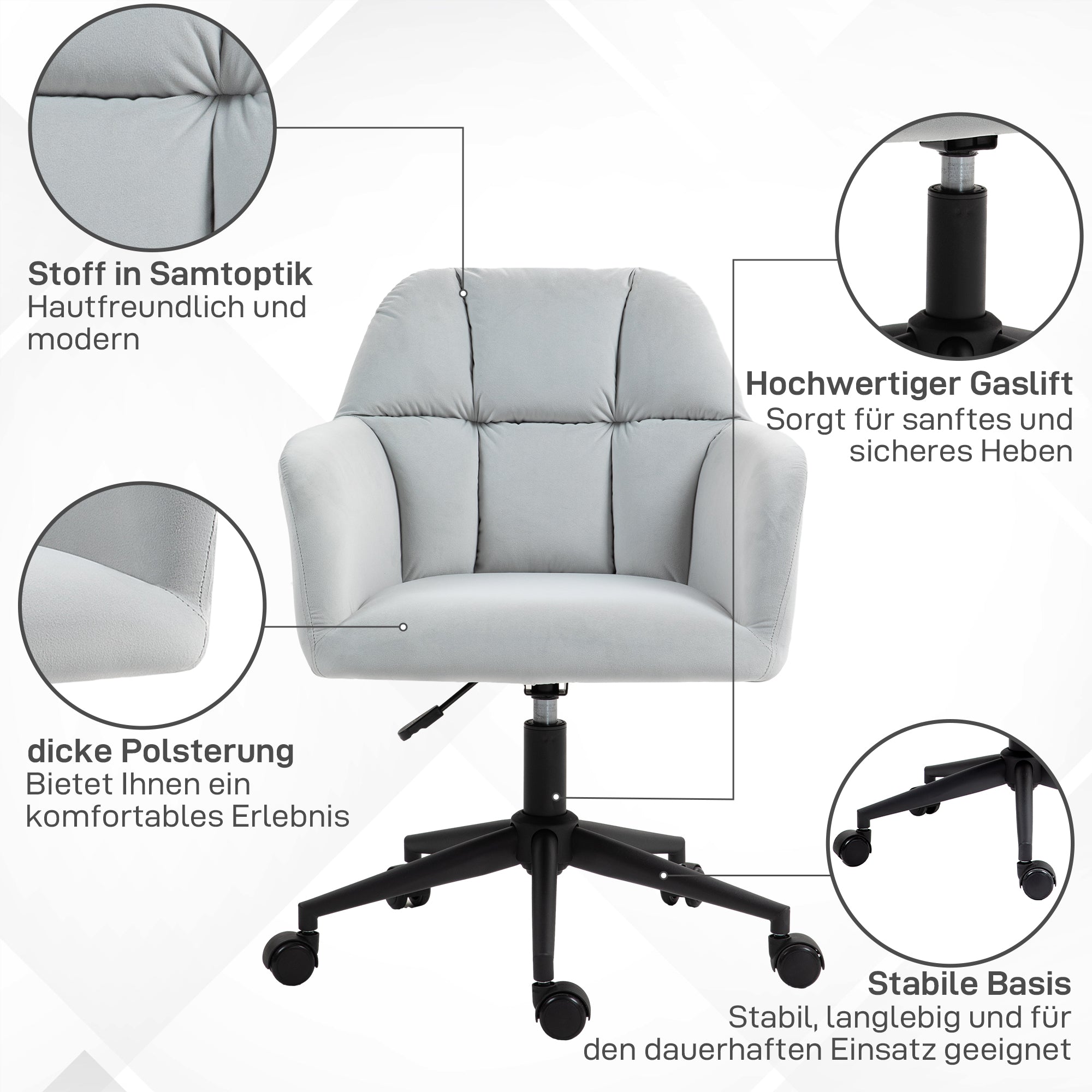 Vinsetto Bürostuhl, ergonomisch, höhenverstellbar, drehbar, Samtoptik, bis 120 kg, Hellgrau