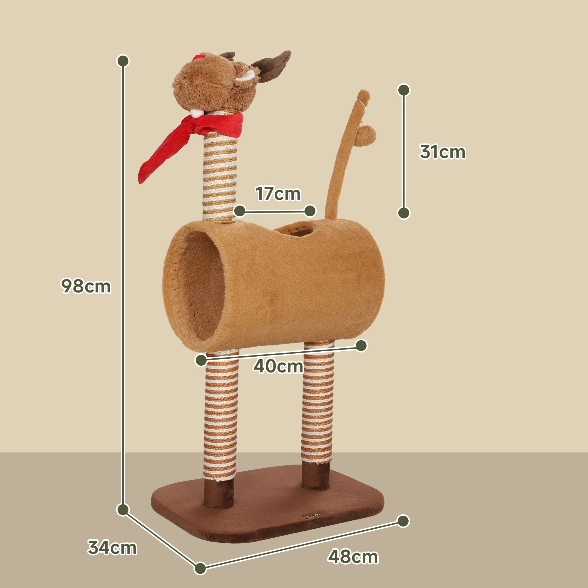 PawHut Kratzbaum 98 cm Katzenturm im Hirschdesign, mit Höhle, Spielball, Jutestämme Braun