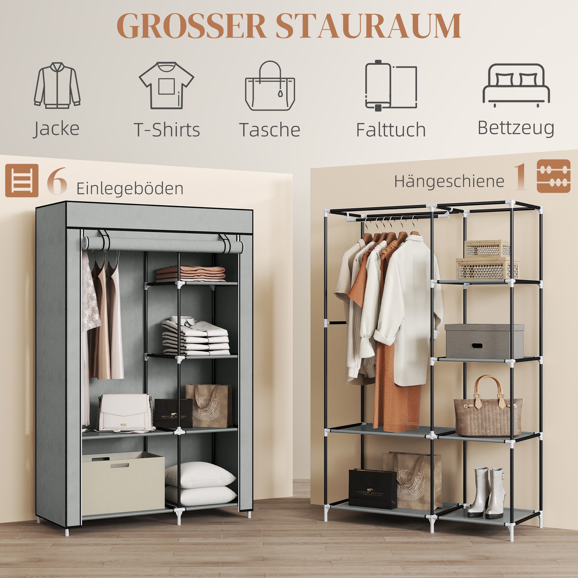 HOMCOM Schrank aus Stoff, Aufbewahrungslösung, 6 Regale, 1 Kleiderstange, Grau