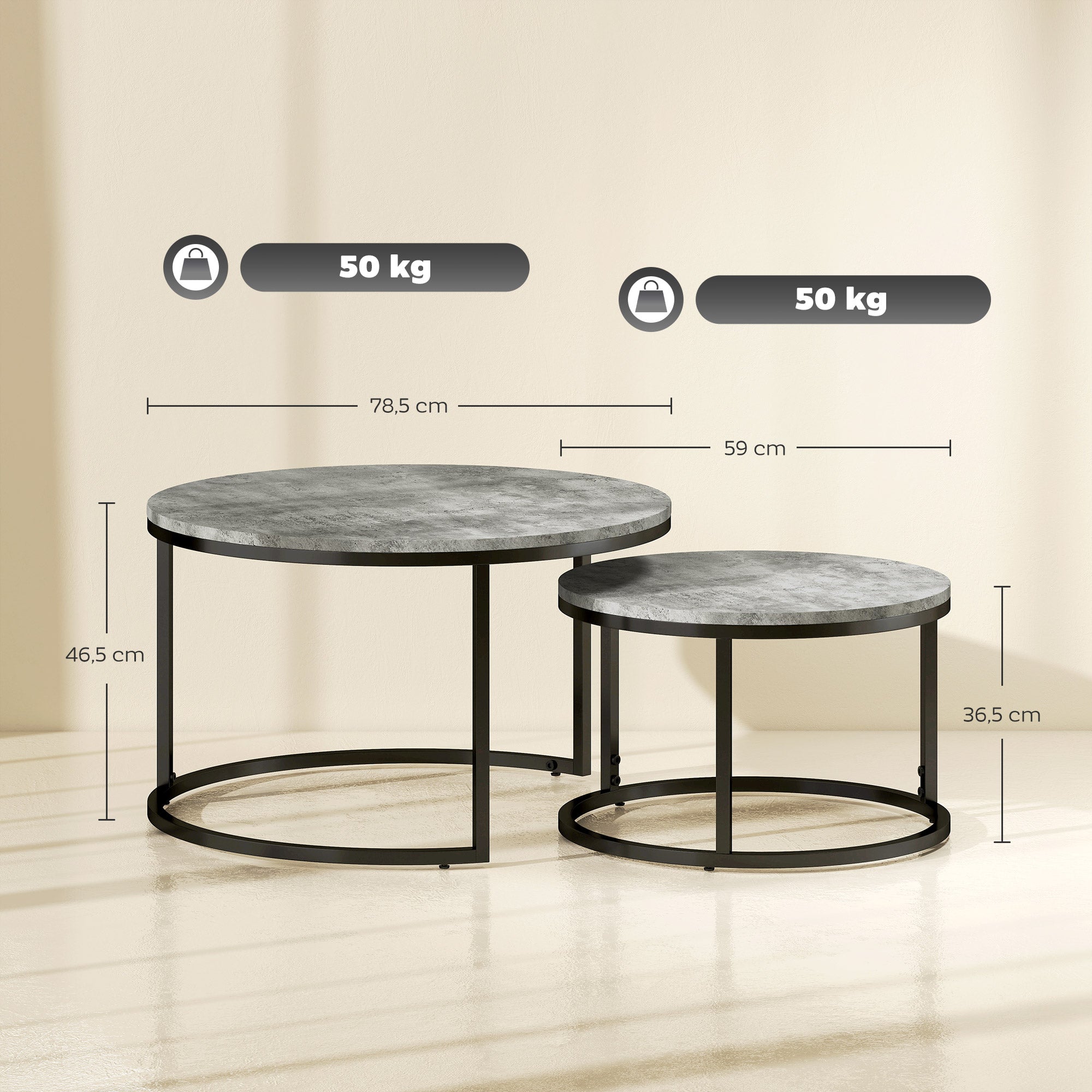 HOMCOM Couchtisch-Set, 2 runde Satztische, Industriedesign, Metallgestell, Marmoroptik/Grau