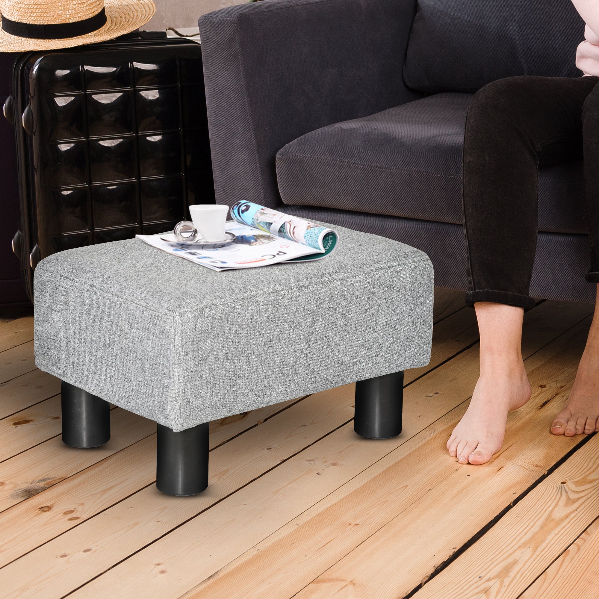 HOMCOM Hocker mit Stoffbezug in Leinenoptik, bis 110 kg, hellgrau, 40 x 30 x 24cm