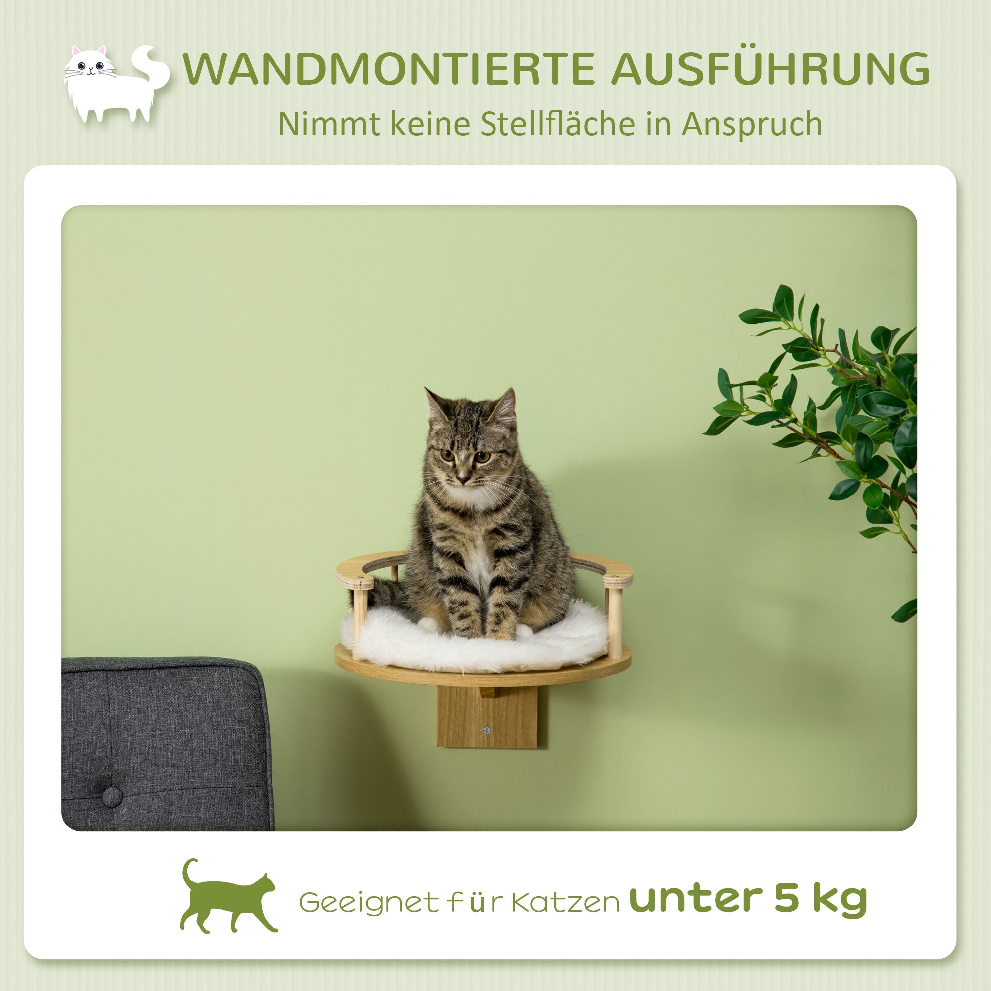 PawHut Wandliege, Katzenbett, mit Schutzrand, Liegekissen, für Wandmontage, Eiche+cremeweiß, 34 x 34 x 10,5 cm