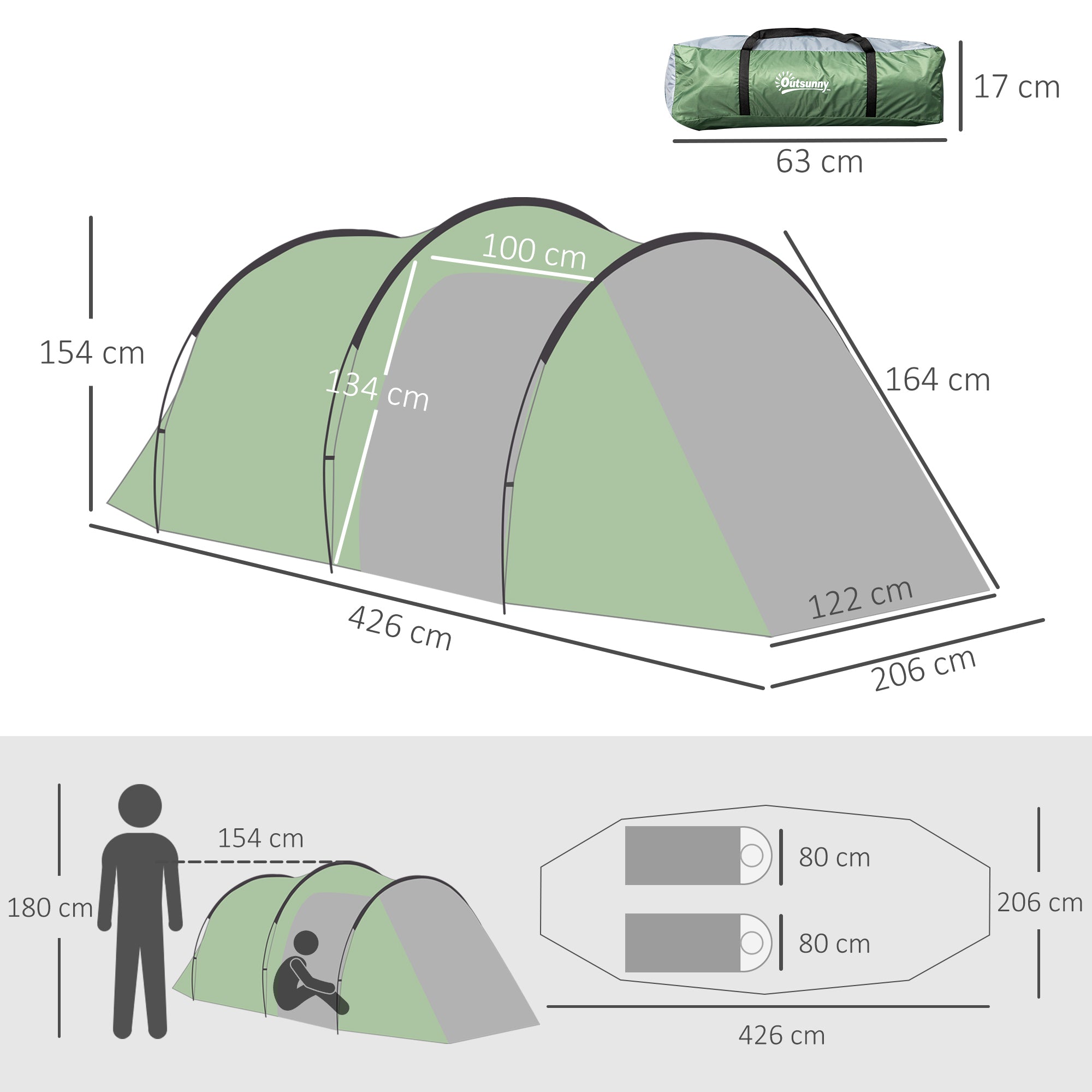Outsunny Campingzelt für 2-3 Personen stabil wasserdicht Familienzelt mit Seitentür Fenster Packtasche, Zelt mit 2000mm Wassersäule Tunnelzelt Kuppelzelt für Camping Reise Trekking Garten, Dunkelgrün