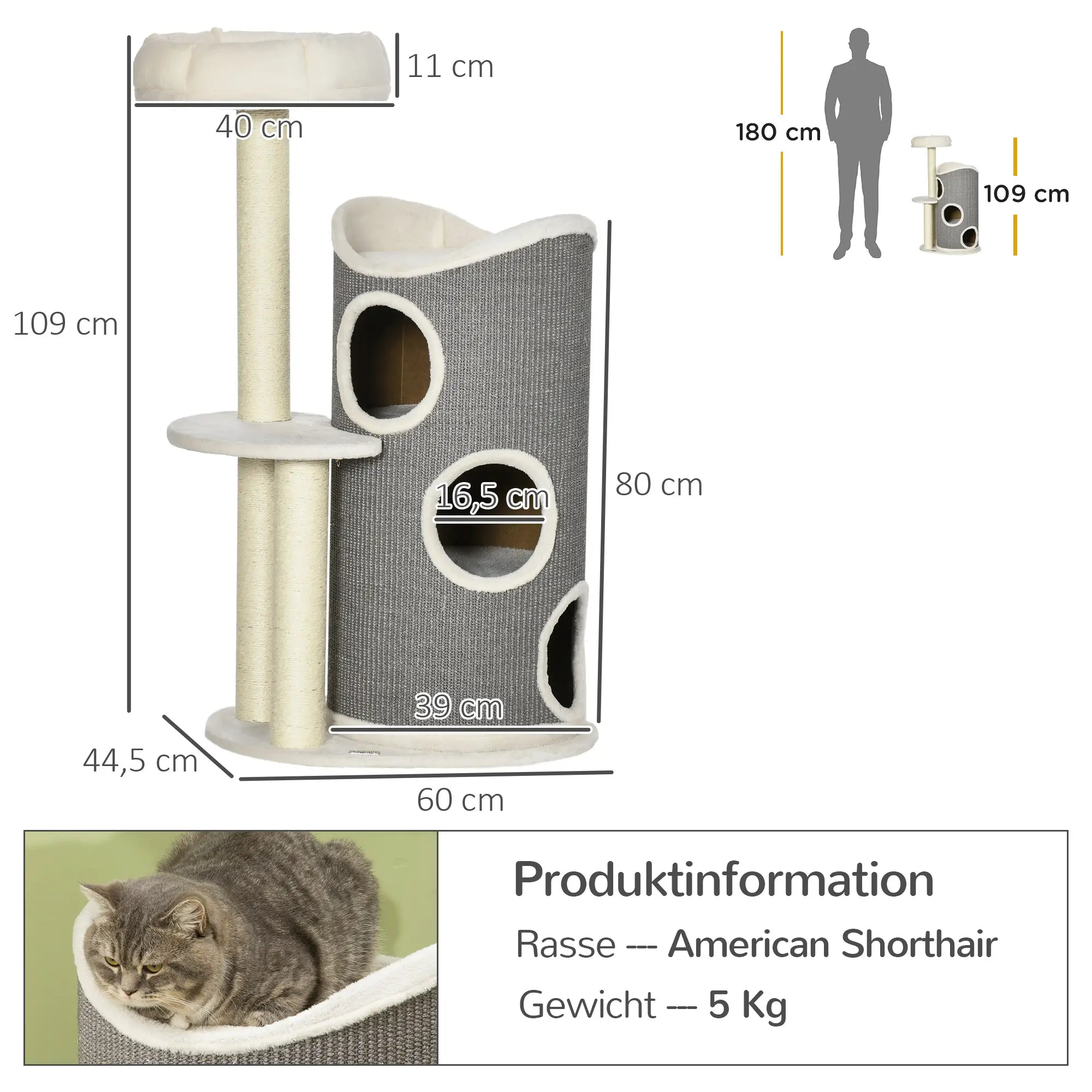 PawHut Kratzbaum Kratztonne Katzenbett mit 3 Ebenen Plüsch Weiß Grau