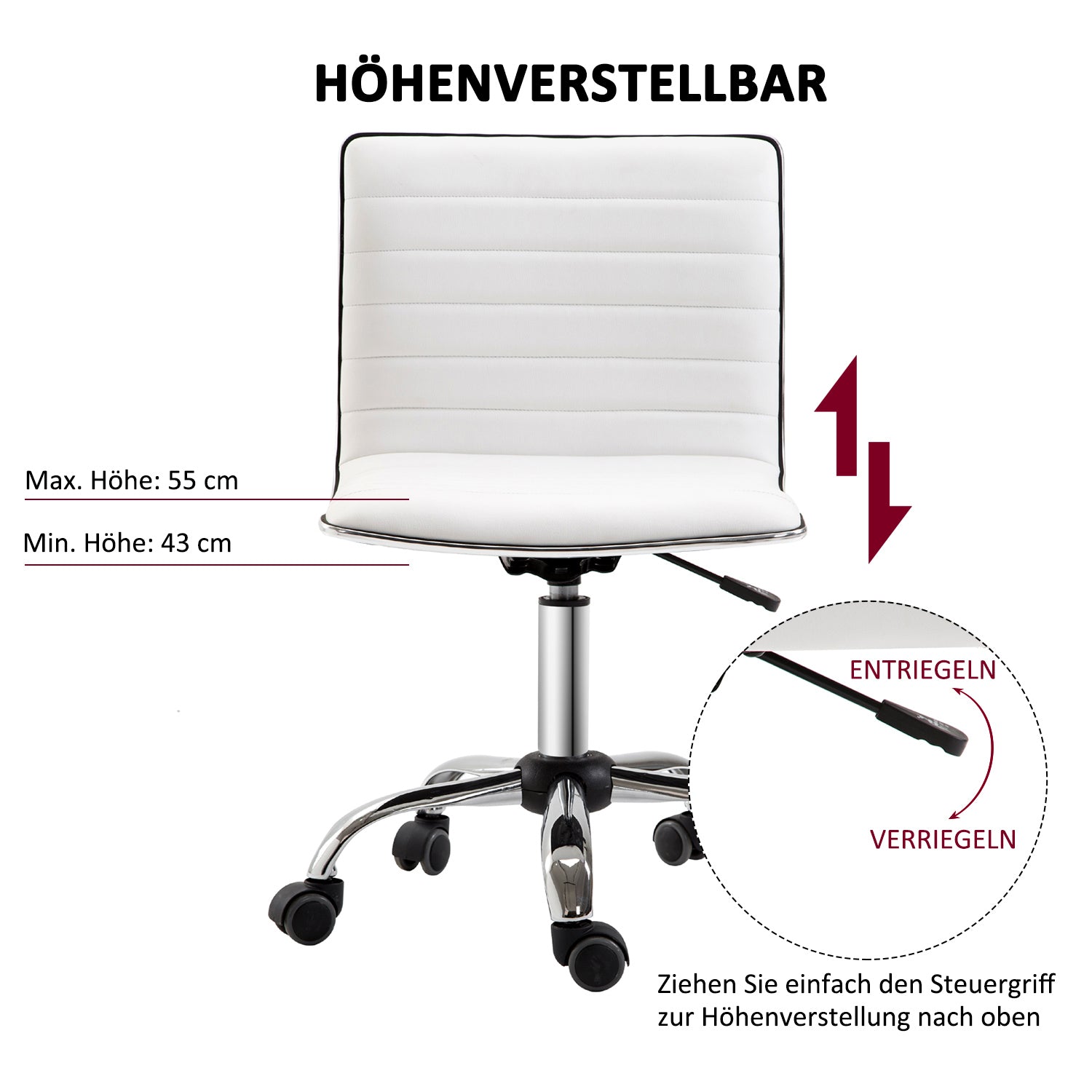 HOMCOM Friseurstuhl, Salonstuhl mit Rückenlehne, Höhenverstellbar, Stahl PU, Weiß, 48 x 52 x 78-90 cm