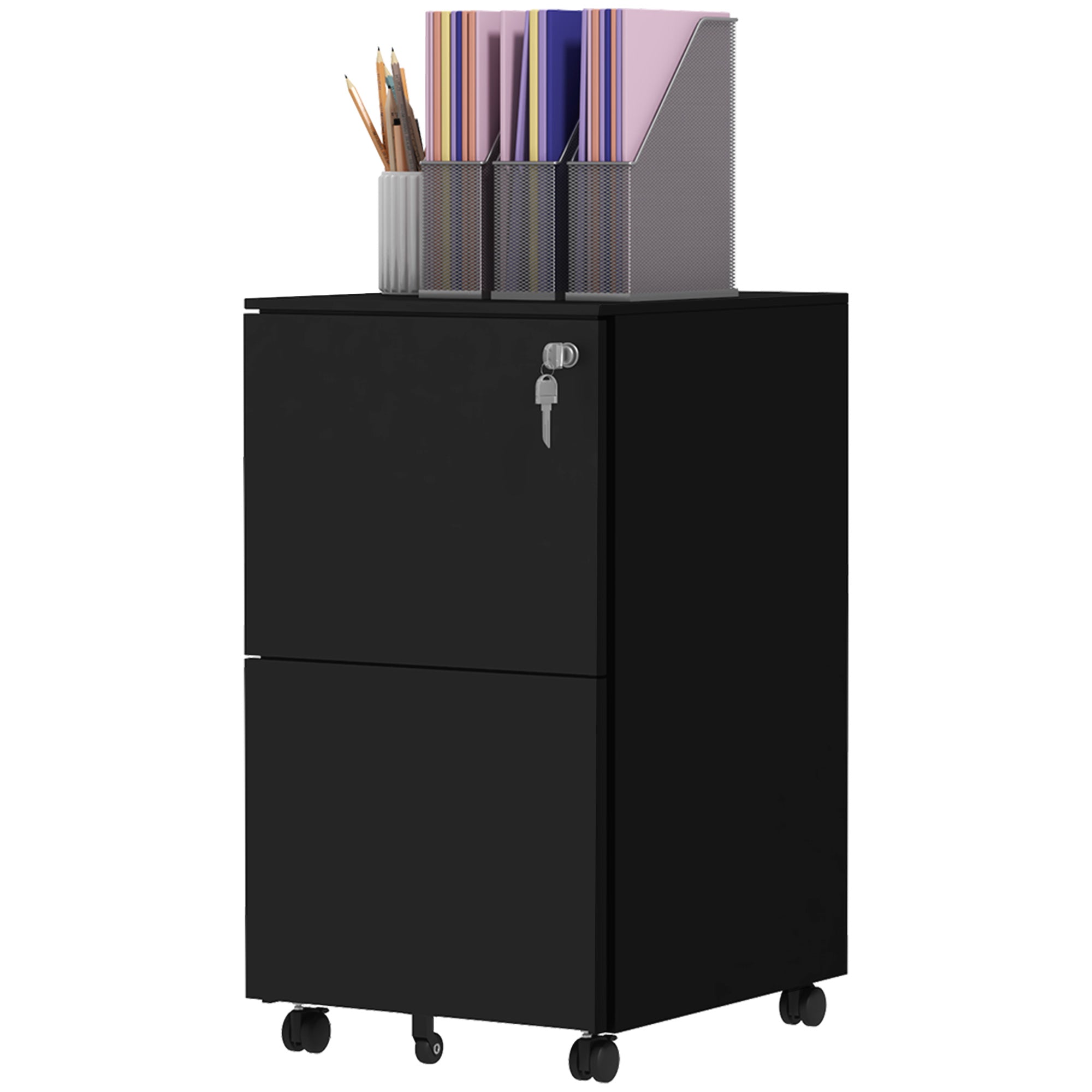 Vinsetto Rollcontainer Aktenschrank, 2 Schubladen, ab­schließ­bar, rollbar, 37 cm x 43,5 cm x 67,5 cm, Schwarz