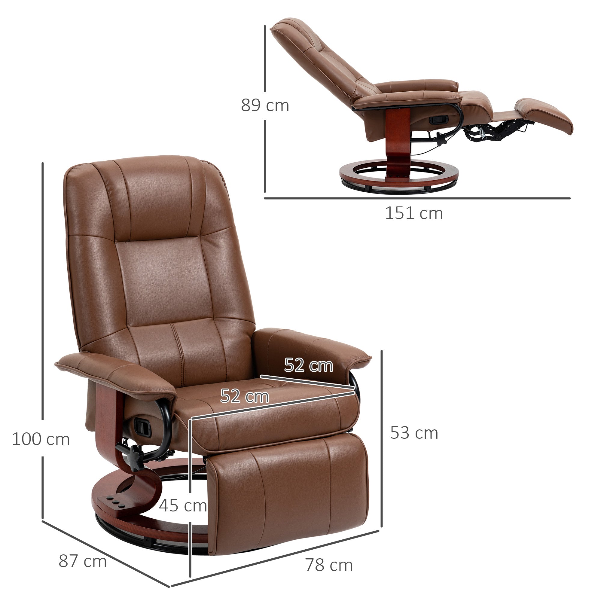HOMCOM Relaxsessel, 145° neigbar, verstellbare Fußstütze, Kunstleder, 360° drehbar, bis 120 kg, Braun