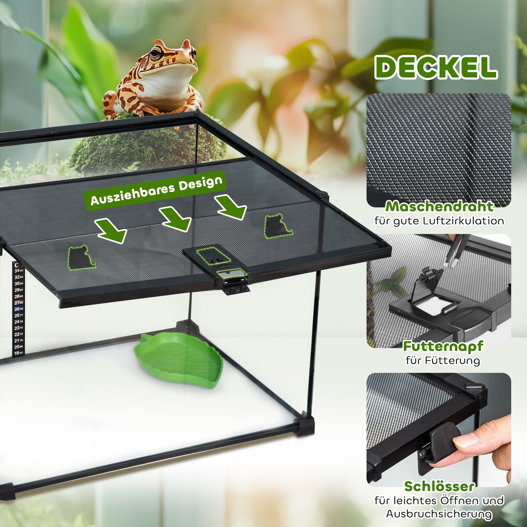 PawHut Terrarium für Reptilien Reptile Fütterungsbox Glasterrarium Amphibien Spinnentiere mit Thermometer Reptilienzuchtbox Metall Schwarz 50 x 30 x 35 cm