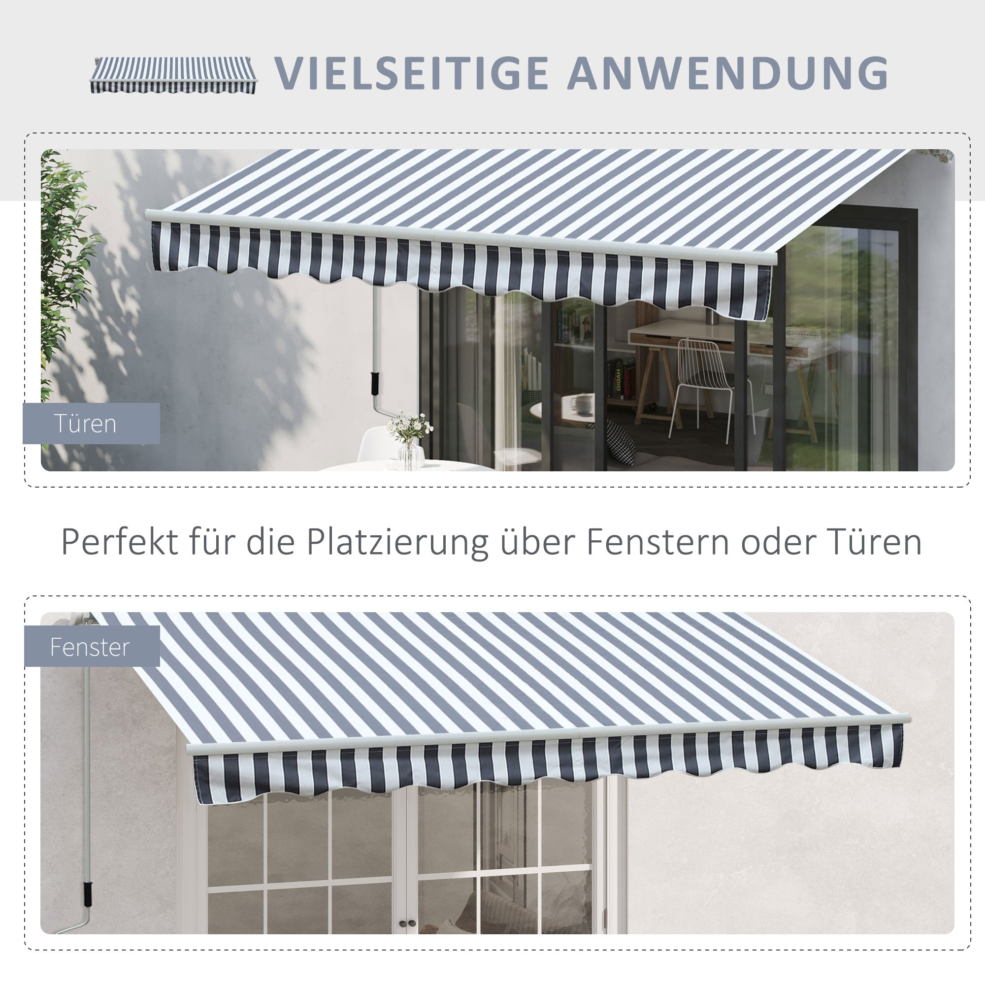 Outsunny Markise Gelenkarmmarkise Sonnenschutz Handkurbel Balkon Alu Grau Weiß 2,95 x 2,45 m