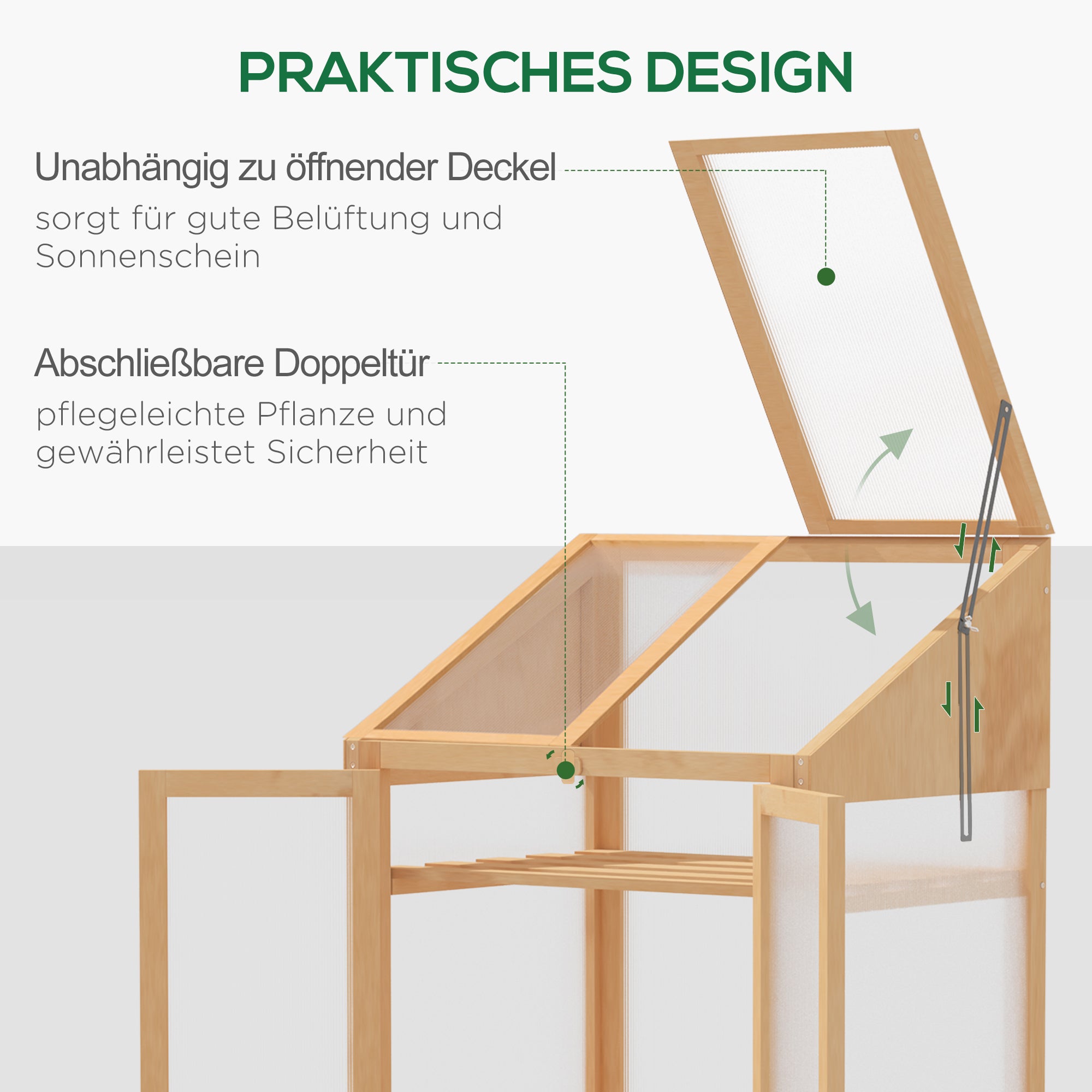 Outsunny Mini-Gewächshaus, kleines Treibhaus mit Holzrahmen, Fenster und Doppeltür, 3 Regale, 70L x 50B x 120H cm, Braun