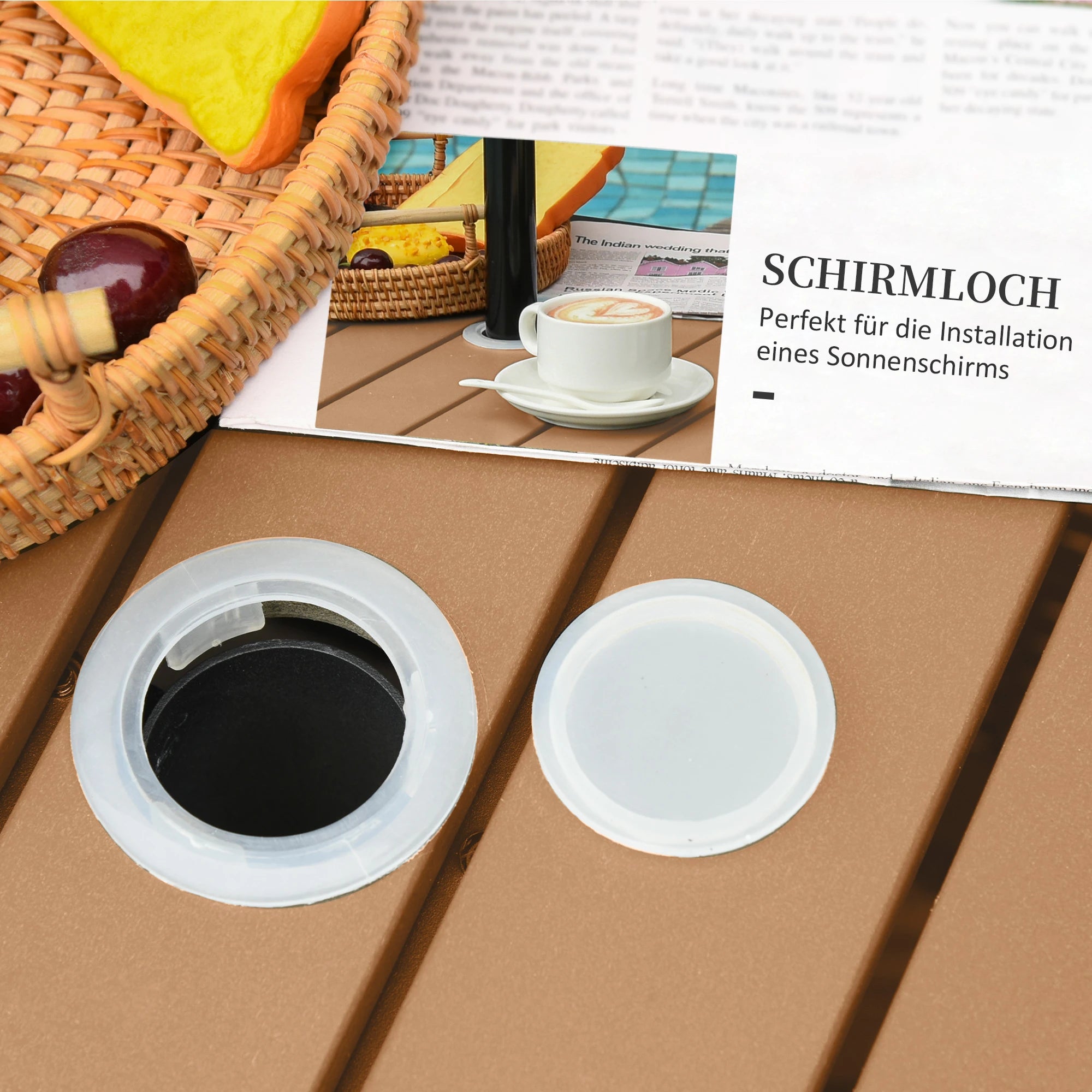 Outsunny Gartentisch mit Schirmständer Polyrattan Braun