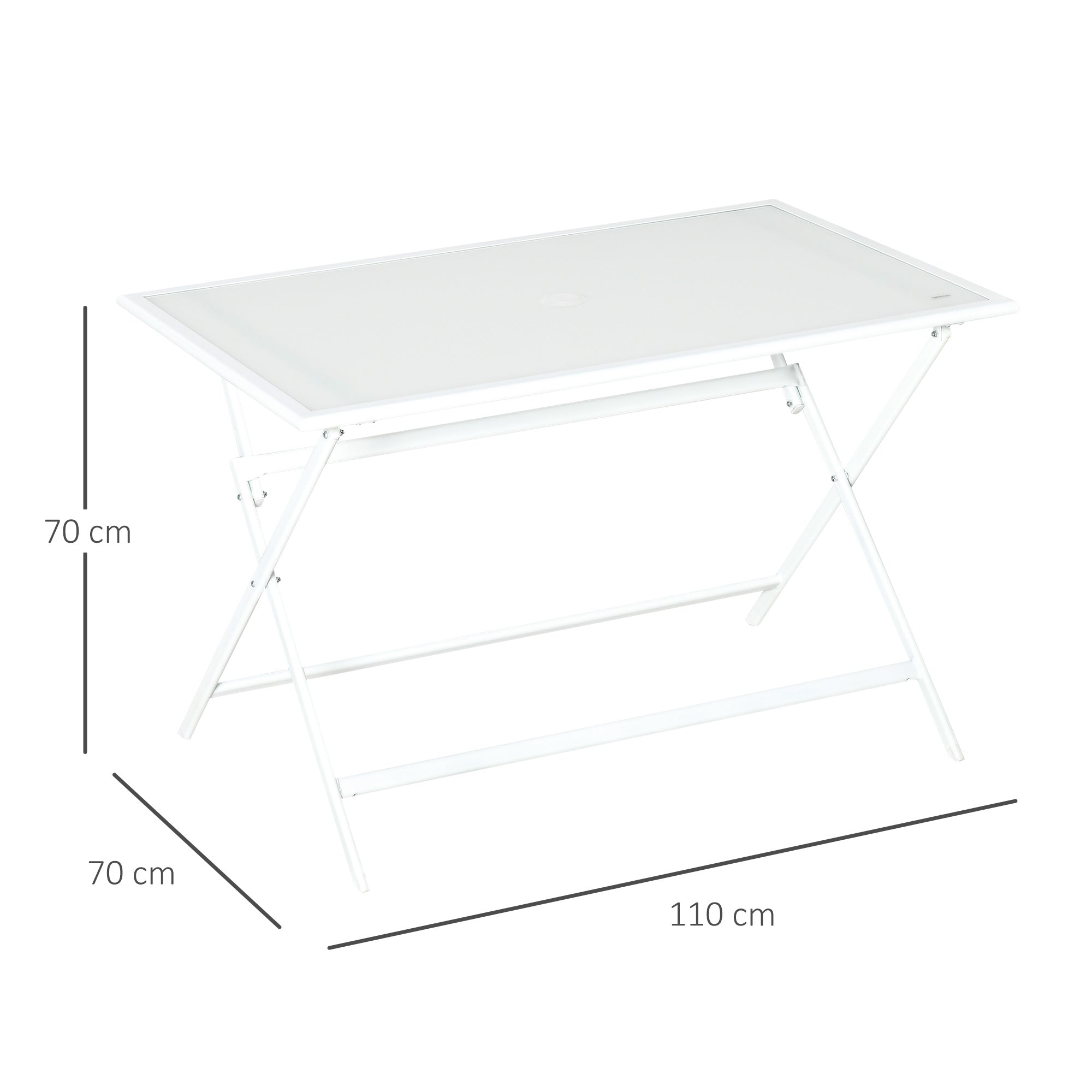 Outsunny Klapptisch Gartentisch mit Ø42mm Ø50mm Schirmloch Falttisch klappbar Beistelltisch Balkontisch Picknicktisch Esstisch Metall gehärtetes Glas Weiß 110 x 70 x 70 cm
